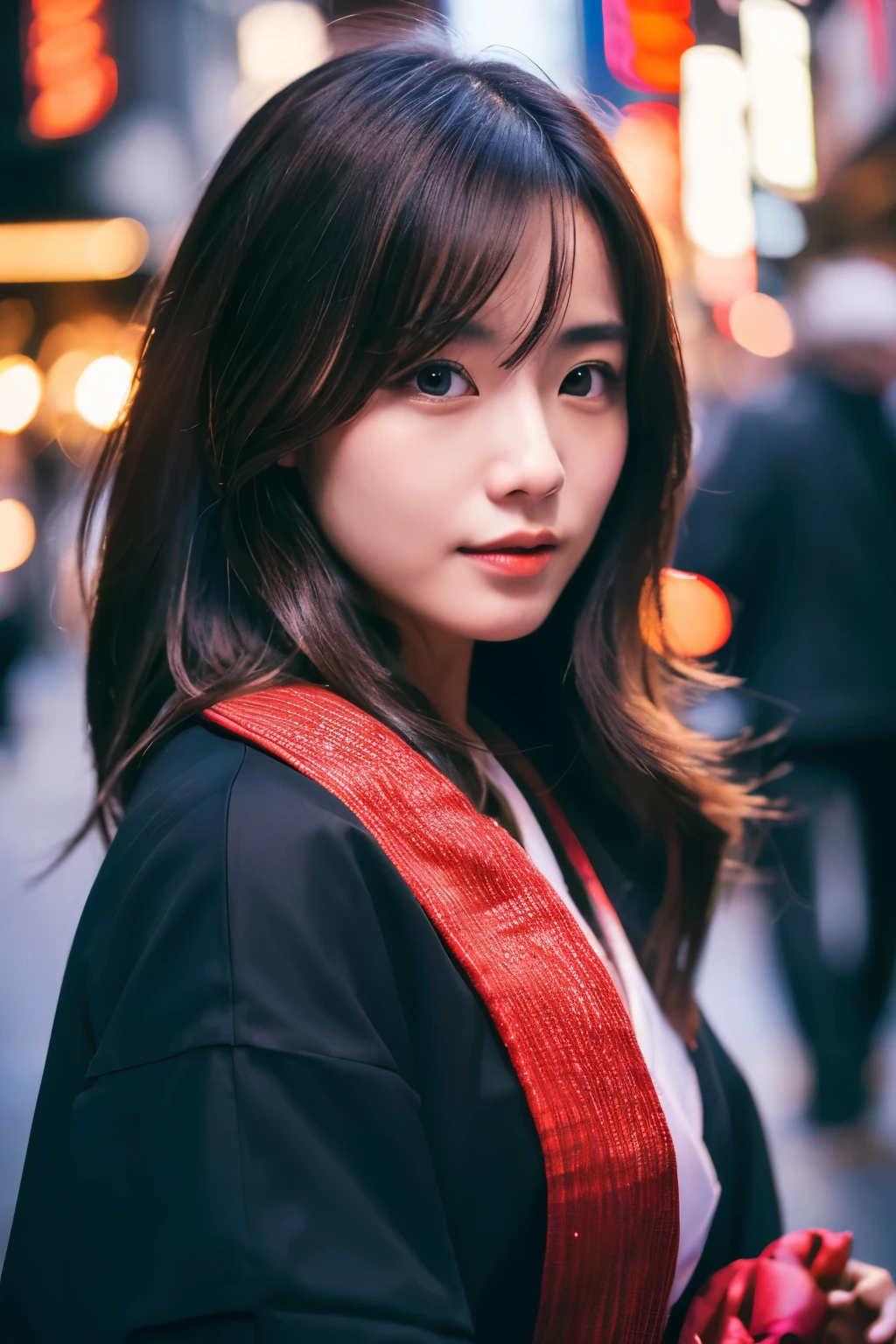 Beautiful Japanese supermodel woman, A lock of hair with slight highlights, black eyes, Sexy，street background，Gorgeous kimono , Liquid color flows across her face, Shooting against the light，Perfect facial lighting，mixed media