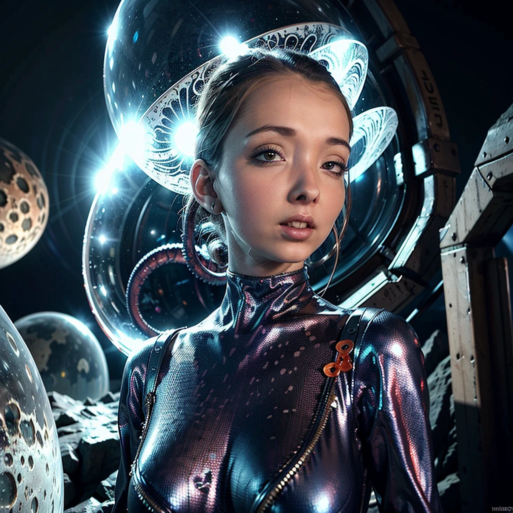 "Adventurous woman,sexy silver space suit,exploring alien landscape,bioluminescent crystals,tentacled plants,strange alien birds,otherworldly atmosphere,vibrant colors,detailed textures,photorealistic lighting"