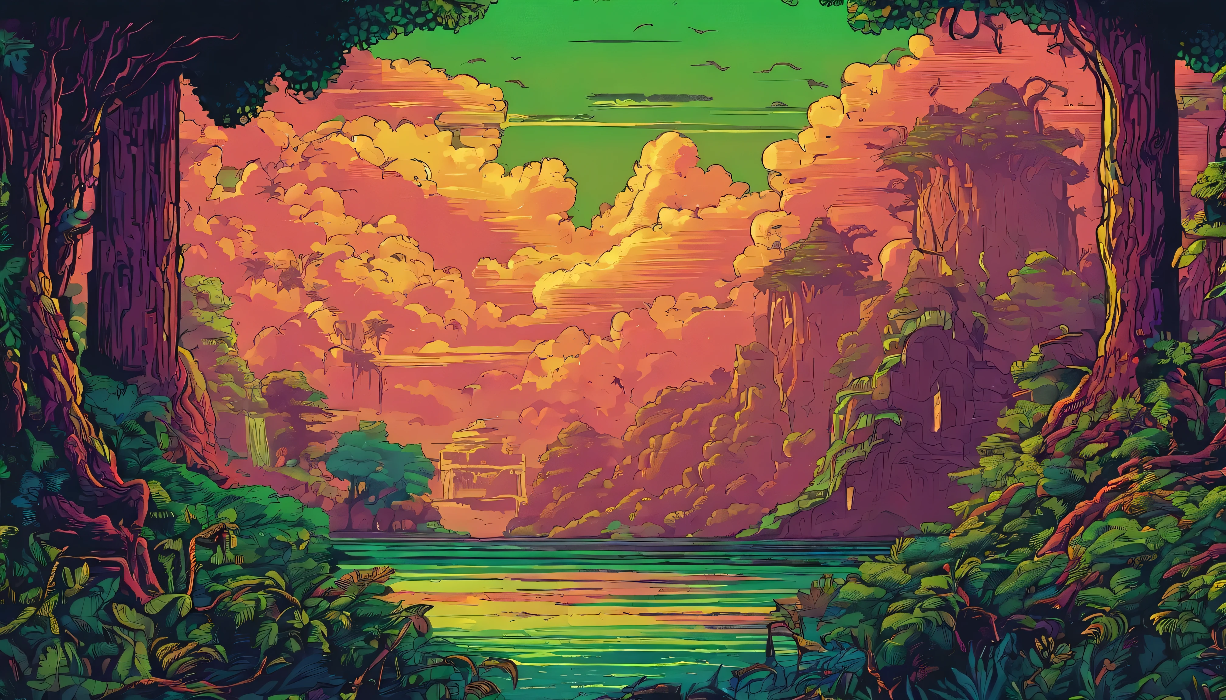Design an image depicting an intense night storm scene over an ancient rainforest. The sky above is a canvas of chaotic beauty, with lightning bolts illuminating the dense canopy below. Each flash reveals the rich, wet leaves of towering trees and the intricate ecosystem that thrives under their shelter. The storm's fury is juxtaposed with the enduring calm of the forest, highlighting the timeless dance between nature's tempests and the tranquility of the ancient woodlands. Include the occasional glimpse of a waterfall or river, its waters surging in response to the downpour, adding to the scene's dynamic beauty
