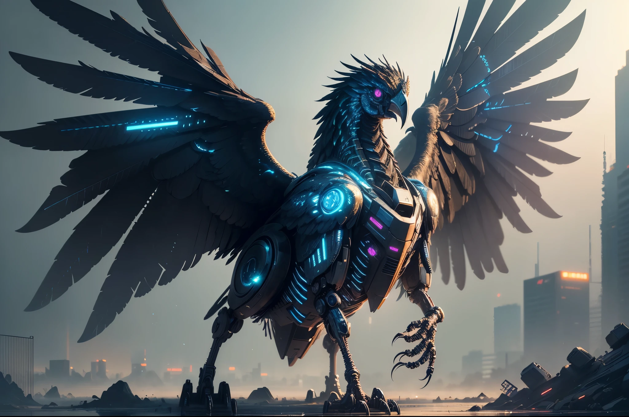 (best quality:1.2, highres, masterpiece:1.2), ultra-detailed, cyberpunk robotic bird, menacing gaze, opening wings, full detailed, particles, mechanical feathers, futuristic atmosphere, neon lights, dark cityscape, metallic texture, intricate wiring, glowing eyes, dystopian landscape, technological marvel, post-apocalyptic world, sinister presence, vibrant colors