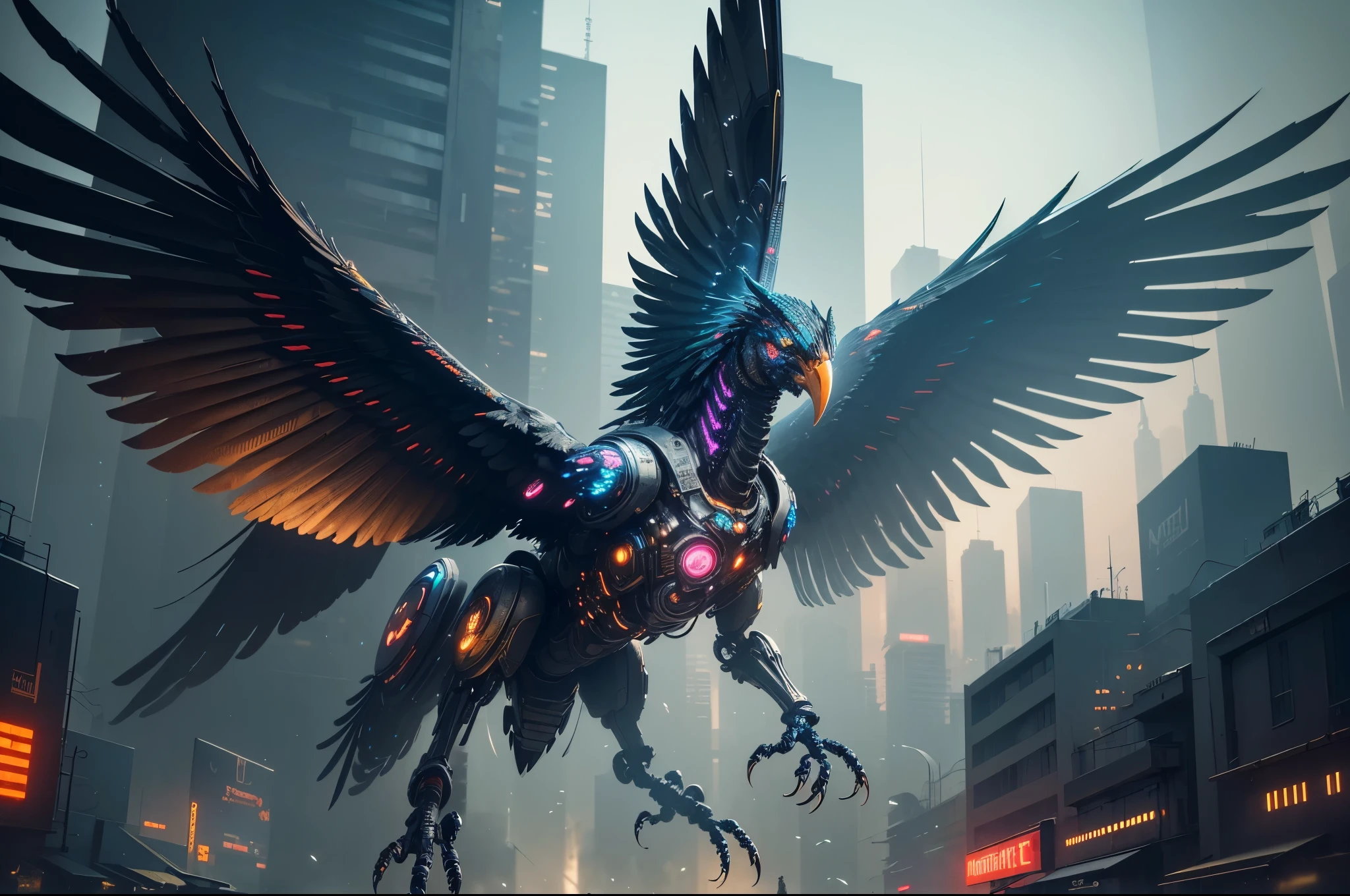 (best quality:1.2, highres, masterpiece:1.2), ultra-detailed, cyberpunk robotic bird, menacing gaze, opening wings, full detailed, particles, mechanical feathers, futuristic atmosphere, neon lights, dark cityscape, metallic texture, intricate wiring, glowing eyes, dystopian landscape, technological marvel, post-apocalyptic world, sinister presence, vibrant colors