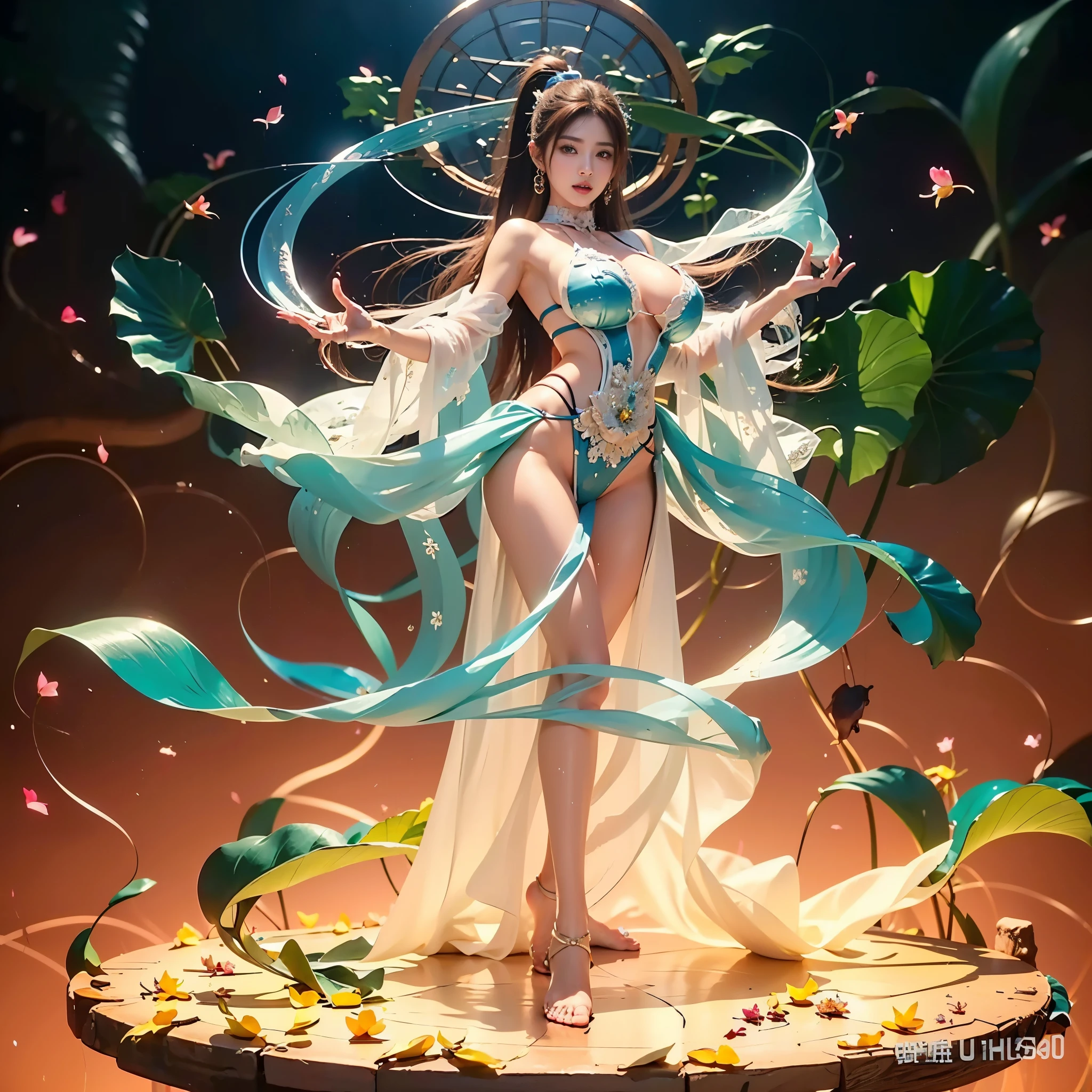Replace the people in the picture,((8k+ultra high resolution+ultra high definition+masterpiece+Very detailed+Award-winning+The award-winning)),(perfect face+supermodel+Delicate skin+high ponytail+huge breasts+perfect fingers+beautiful fingers+standing on lotus),[[[muscle]]],(((anatomically correct))) ,
