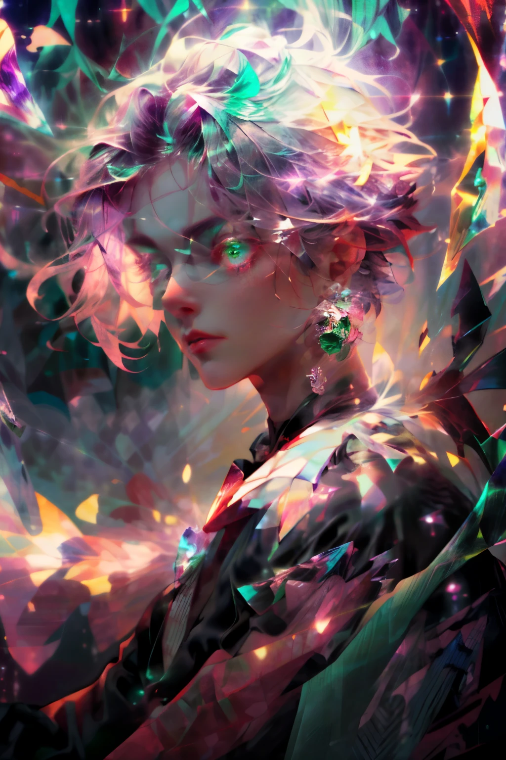 Realistic, (Masterpiece, Top Quality, Best Quality, Official Art, Beauty and Aesthetics: 1.2), Very Detailed, Fractal Art, Colorful, Most Detailed, Zentangle, (Abstract Background: 1.5) (1boy: 1.3), God, Pink Hair, Short Hair, (Glowing Green Eyes), Mysterious, (Magic), Starry Sky, Handsome Man, (((Lycoris radiata)))