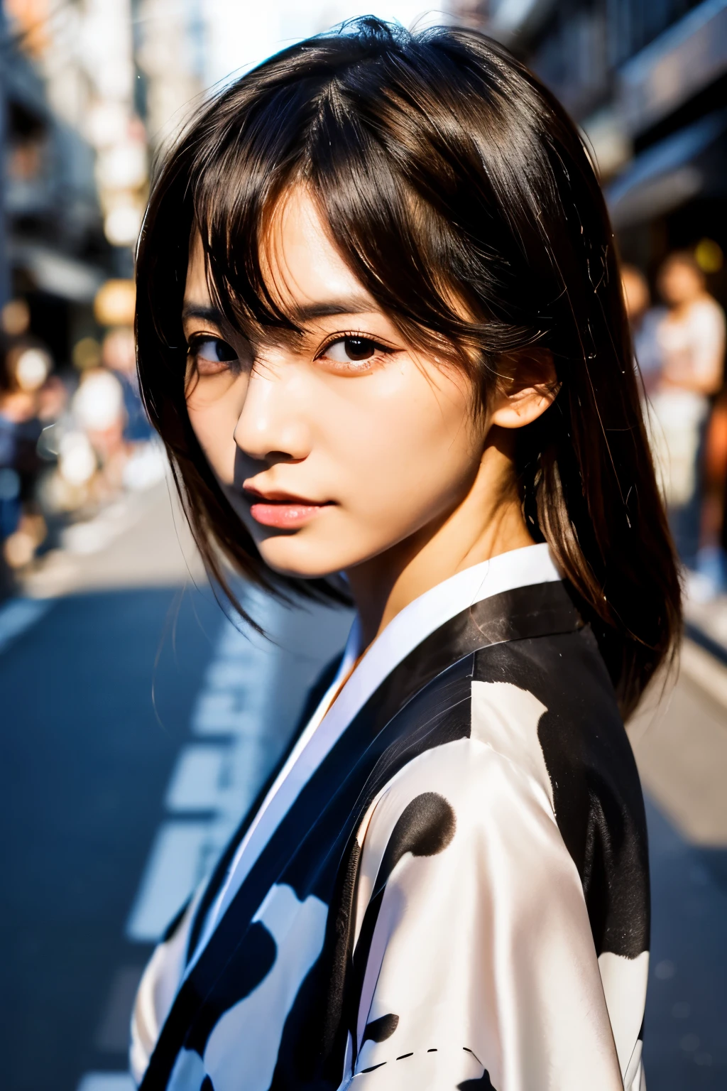Beautiful Japanese supermodel woman, A lock of hair with slight highlights, black eyes, Sexy,street background,Gorgeous kimono , Liquid color flows across her face, Shooting against the light,Perfect facial lighting,mixed media