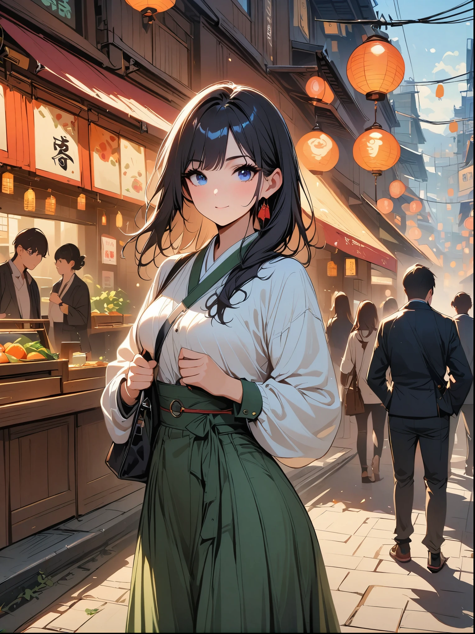 masterpiece, best quality, 8K, photorealtic, actual, octane rendering, Japan's bustling city streets (1 female: 1.4), (There is only one woman on the screen: 1.3), (White shirt), (long golden hair), (hip wrap skirt), (blue eyes) Upper body display
