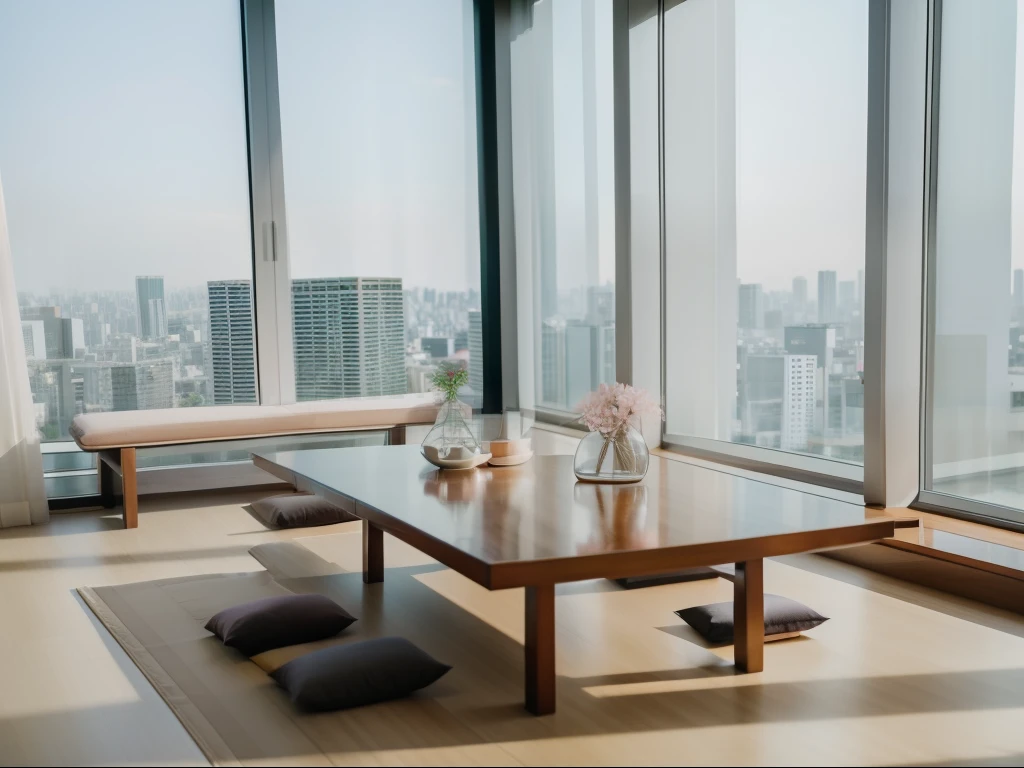 There are tables and benches in the room,Can see the city view, Tokyo rooftops as background, sit on the table面, Such, pink zen style, With natural light as background, Inspired by《Qiu Wen Tianjiang》, in a japanese apartment, sit on the table, Floor-to-ceiling windows, skyline seen from window