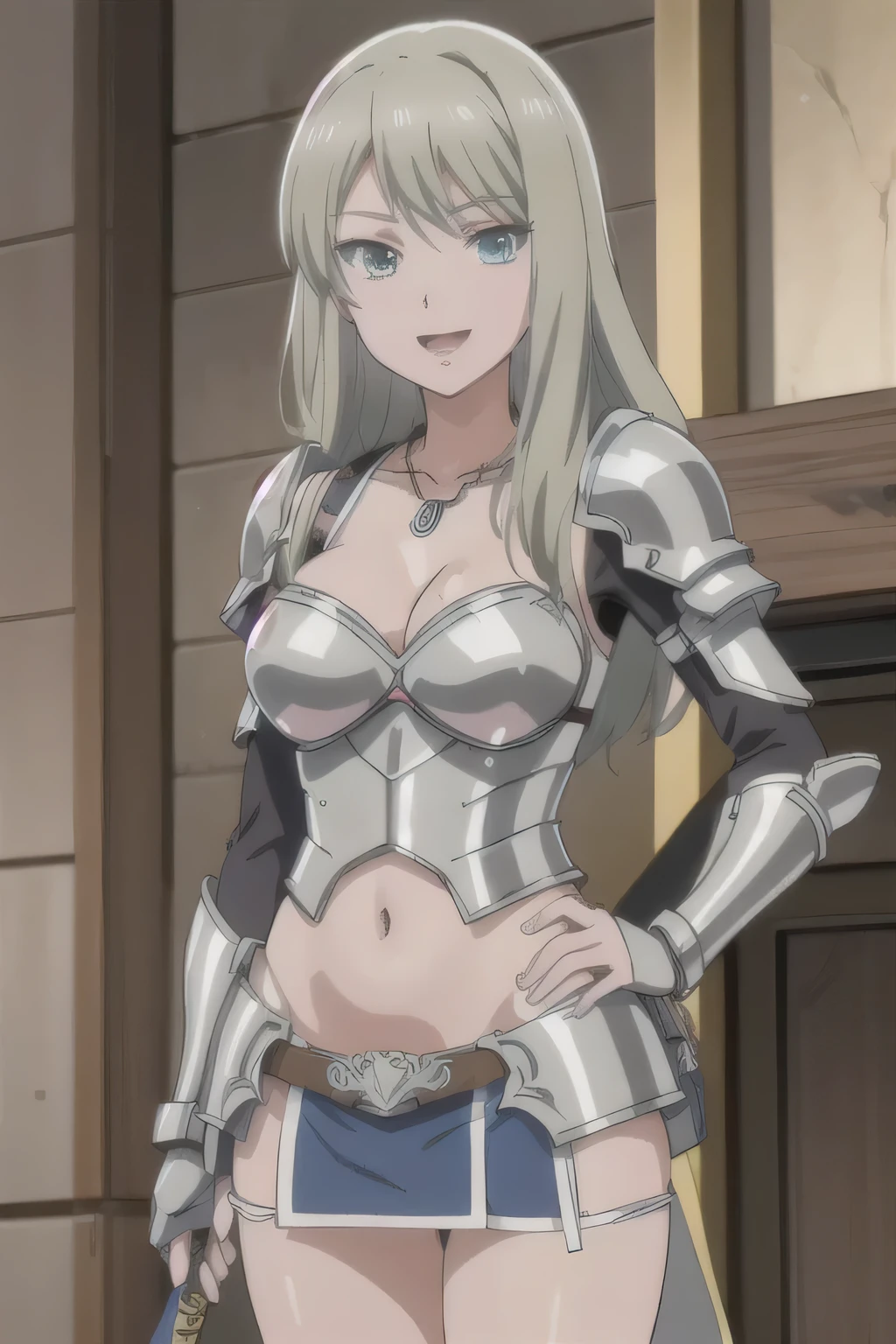 solo, 1girl, lily someya, necklace, masterpiece, best quality, highly detailed, fantasy , a anime girls in armored dress holding a sword
posing for a picture, evil smile, smile, open mouth, breastplate with open cleavage, cleavage, warrior
outfit, ecchi anime style, anime girls, ecchi style, (nsfw) not safe for work, ecchi, digital anime art!!, in
anime style, official artwork, visual novel cg, beautiful anime girl, anime style 4 k , loincloth, exposed
belly, exposed navel, exposed midriff, exposed lower belly, pencil skirt armored, castle,inside castle