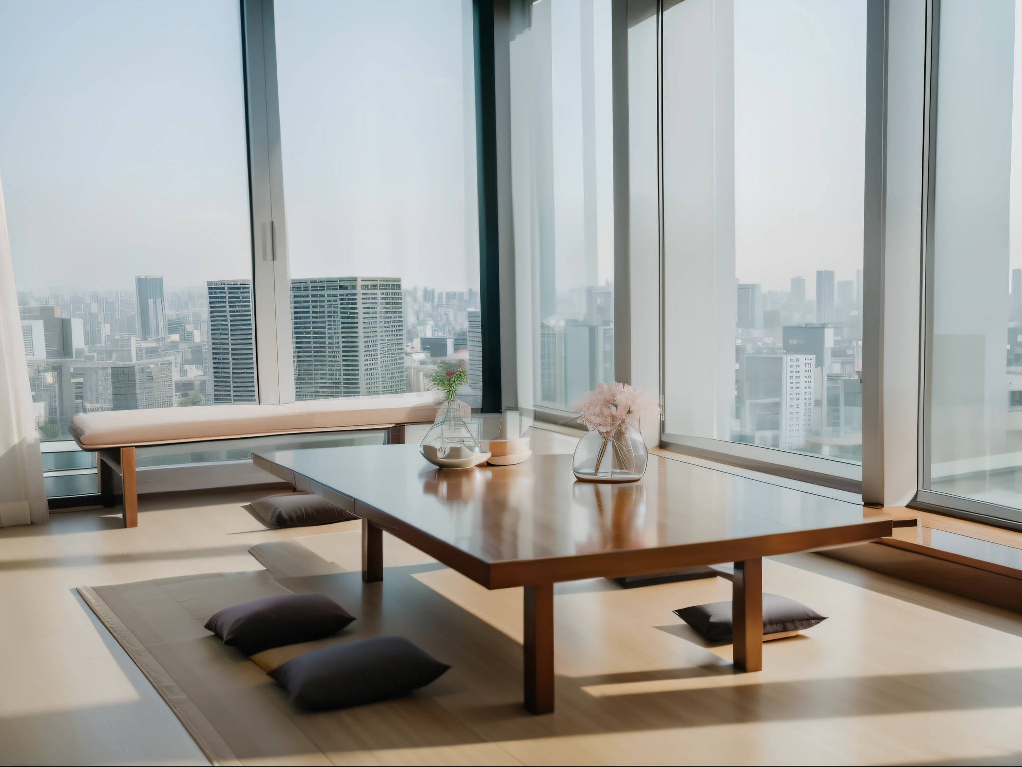 There are tables and benches in the room，Can see the city view, Tokyo rooftops as background, sit on the table面, Such, pink zen style, With natural light as background, Inspired by《Qiu Wen Tianjiang》, in a japanese apartment, sit on the table, Floor-to-ceiling windows, skyline seen from window