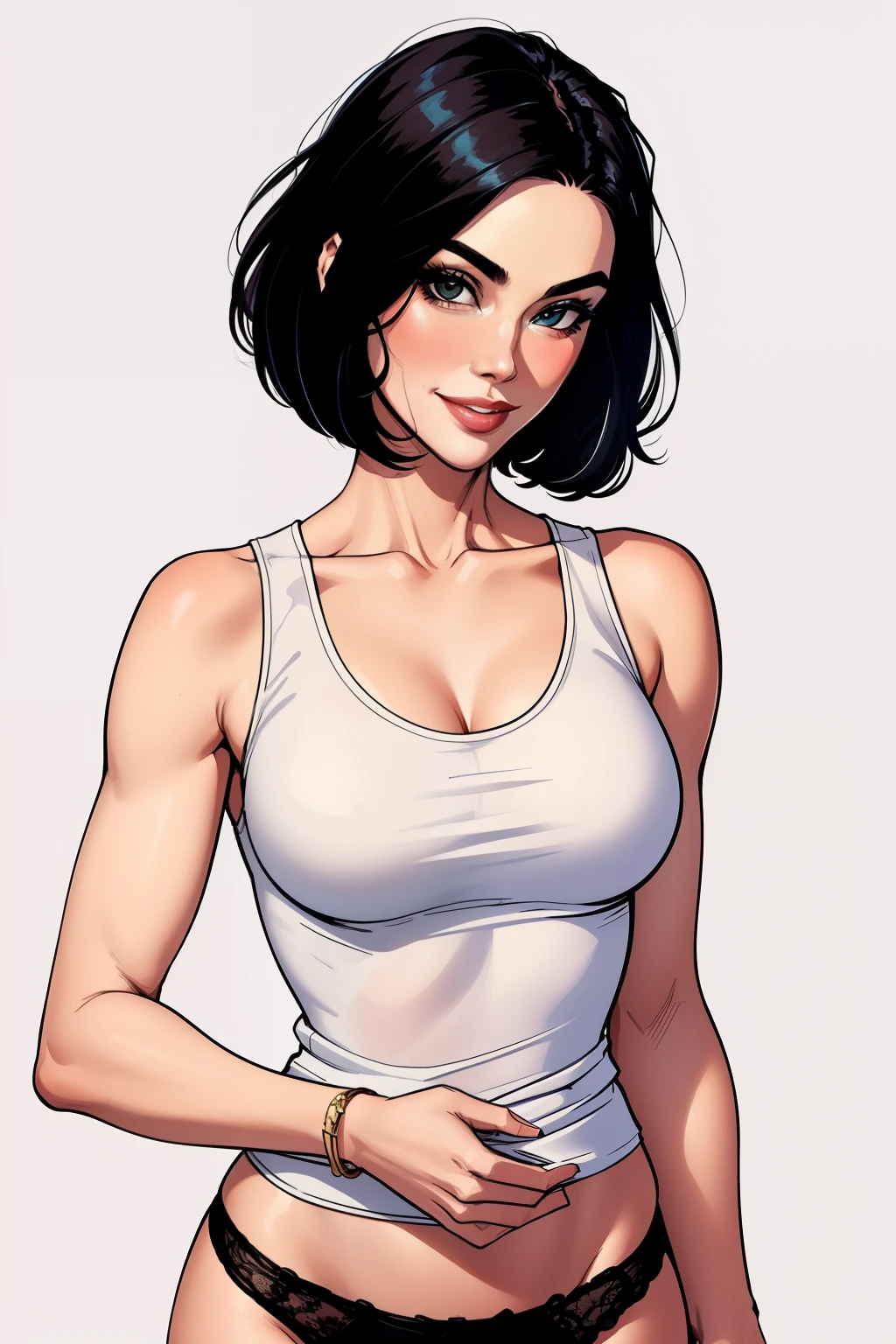 Amazing cowboy shot of a  woman wearing her black bob cut hair, seductively gazing and smiling, soft lips, blushing intensely, white tank top, panties , medium , perfect body, simple background, Nicole Kidman