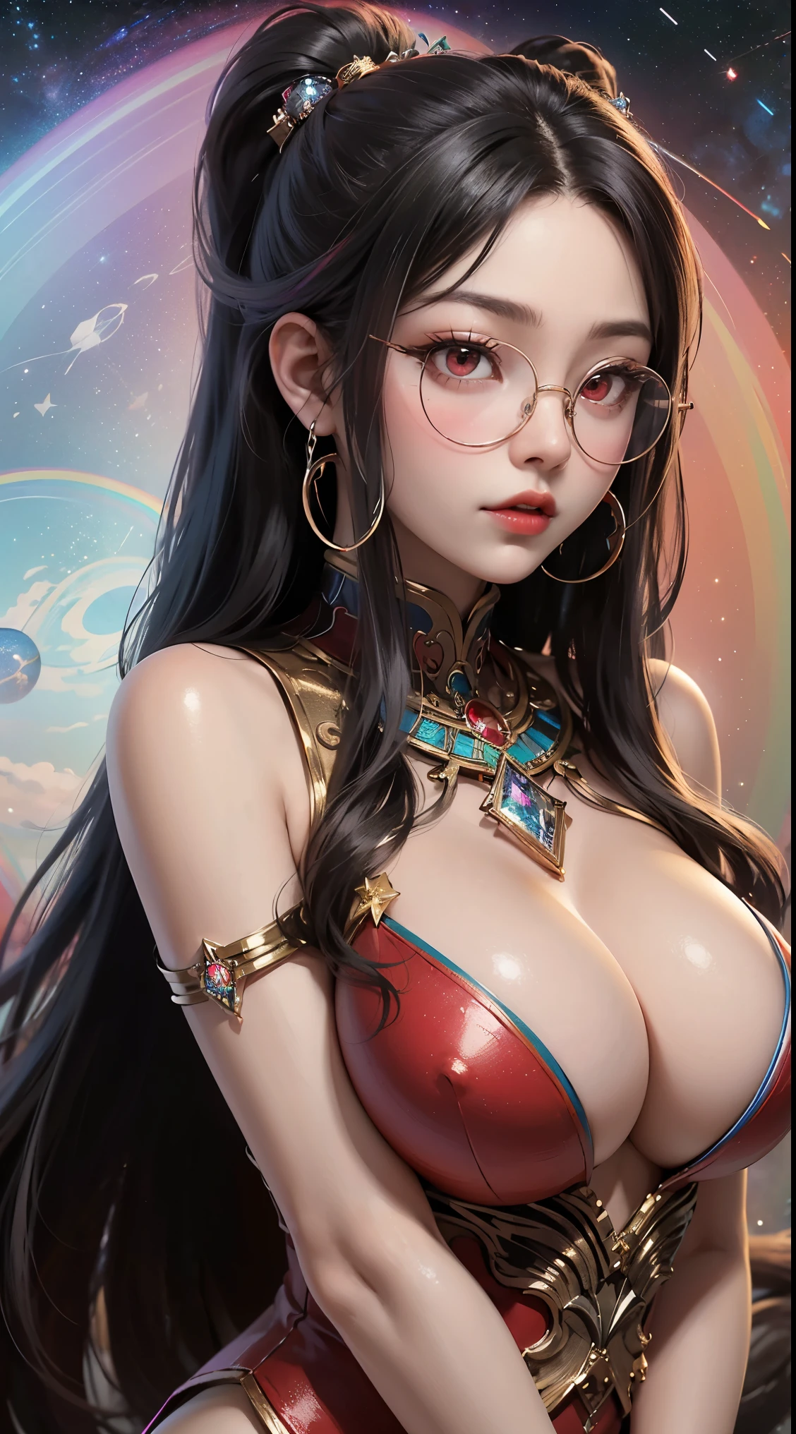 1名 27歳 woman, Understood、(best illustration)、8K UHD resolution、intricate details、最high quality、realistic、Super detailed、best writing、best shadow、soft lighting、ultra hd、dungeon and Dragon、cave、dungeon、 necromancer、night、dark style、Succubus、devil&#39;Daughter of、bat wings，(((デーモンホーンラック縁round glasses))))、(((big breasts)))、(devil&#39;tail)、(red eyes shine:1.6)、masterpiece、beautiful features、Tyndall effect、realisticphotograph、(high detail skin:1.2)、8KUHD、Digital single-lens reflex camera、high quality、photograph、High resolution、 absurd、Ponytail distortion、Optimal ratio of 4 fingers and 1 thumb、1 girl、hair ornaments、真っ赤に輝くgemのネックレス、gem、beautiful expression、body up、big breasts emphasis、tight waist、wide ass、Tyndall effect、Photoreal、(high detail skin:1.2)、dark and mysterious version, lipstick red lips, thin and beautiful lips, Don&#39;Don&#39;Don&#39;Don&#39;don&#39;t laugh, please shut your mouth, Characters created by Karol Baku and Pino Denis, intricate details, detailed background, very detailed, magic of light, woman, cute face, ((((giant glasses, otaku glasses, thick glasses, round glasses))))、 looking at the Upper body of the goddess , round chest, big and round chest, phoenix hair brooch, long hair with bangs, (Long hair has seven colors like a rainbow:1.9), Beautifully detailed face and well-proportioned eyes, (Crystal clear red eyes: 1.8), Big round eyes and very beautiful and detailed makeup, Visionary, long silk nightgowns, mysterious makeup, ブresponseレット, I dyed the side bangs light yellow....., Upper body, (goddess Upper body: 1.8), hanging arms, リアルで鮮やかなphotograph, (stars that make up : 1.7), ( Space-time portal of sky and imagination: 1.8), fiction art, RAWphotograph,黒い着物のphotograph, 最高のphotograph , expensive_response, 最high quality, 最高のphotograph, 8K quality, 8K ultra , surrealism, 最も経済的な本物のphotograph, Artistic portrait of 12 signs, Symbol of one of the 12 signs on the reverse side, 12 Portrait of the Goddess, 最もrealistic配色, 最高のphotograph color, masterpiece, hair ornaments, ネックresponse, jewelry, beautiful face, Upper body, Tyndall effect, photographのようにリアルな, Dark studio, border light, two tone light, (fine skin) expensive: 1.2), 8K UHD, Digital single-lens reflex camera, soft light, expensive quality, volume light, Frank, photograph, expensive responseolution, 4K quality, 8K, Bokeh, smooth and sharp, 10x more pixels, Charming goddess, sexy goddess, (background space: 1.8), (milky way: 1.7), aurora, lightning, (auroraの背景: 1.8) <roller:crazy_perfect eyes_V1_from_V1_, beautiful goddess and flowers, 