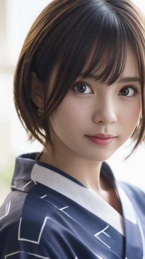 (looking at the camera:2.0),(output)@(best quality,4k,8k,highres,masterpiece:1.2),ultra-detailed,(realistic,photorealistic,photo-realistic:1.37),(yukata:1.5),(Super cute:2.0),slender,(big bust:1.8),16 years old,very short hair,(detailed beautiful clear eyes:1.5),natural makeup,Smile,illustration,vibrant colors,soft lighting,(front lighting:2.0),shrine