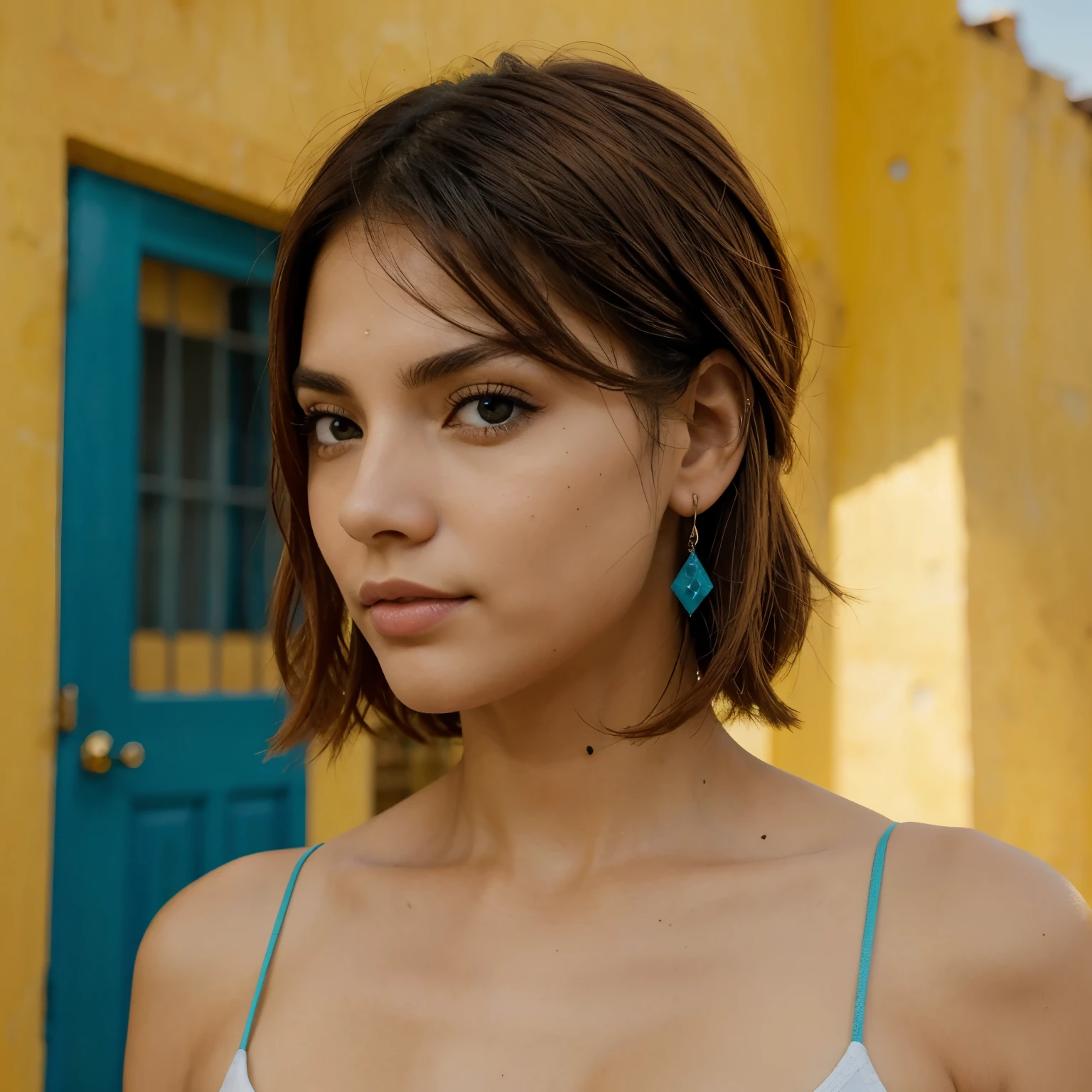 Chica blanca, cara delgada ojos azules claros como celeste. Pelo corto a los hombros color dorado claro
