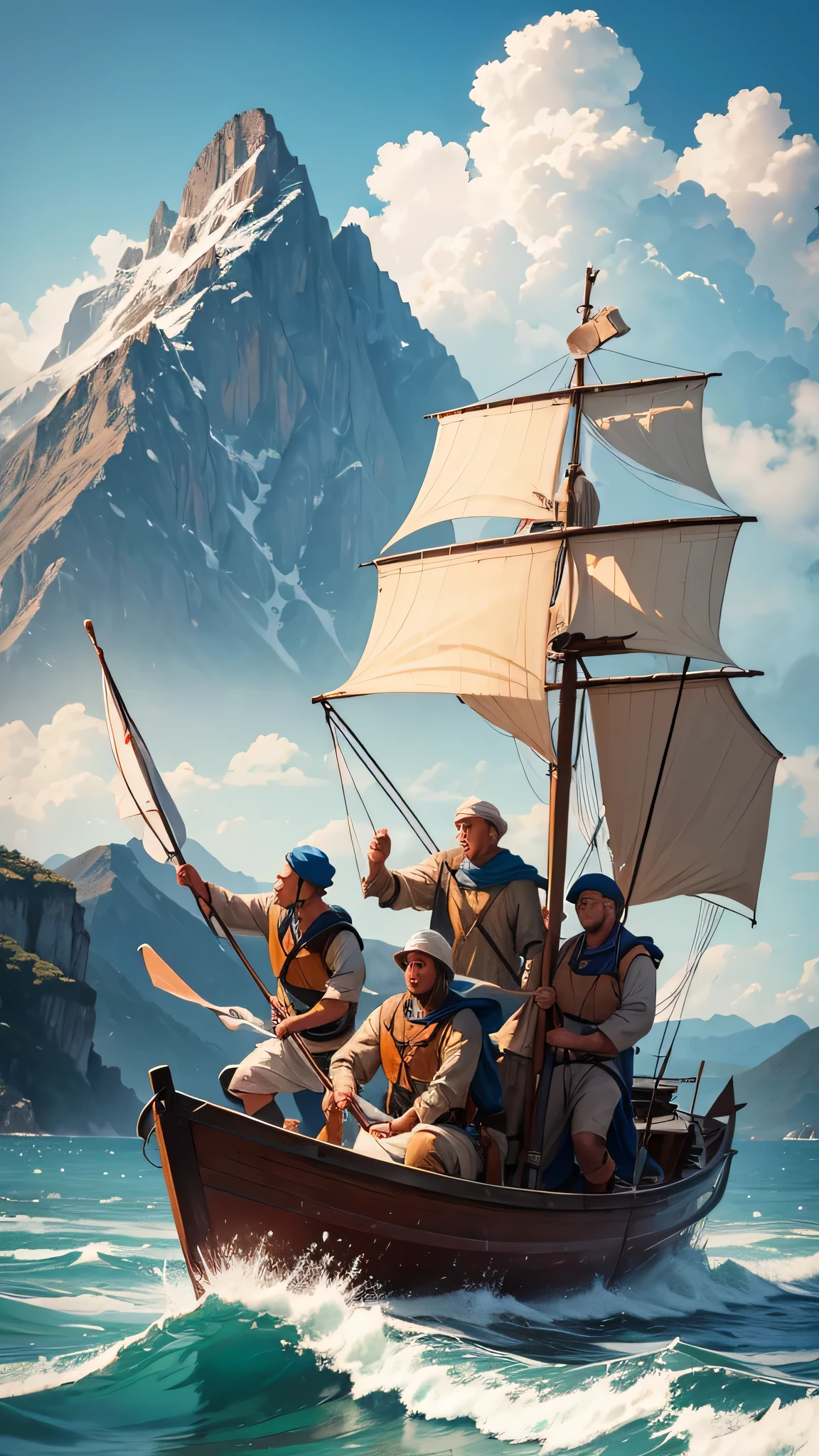 Four fisher men, on a boat in the sea, approaching the mountain, side as it was about to rain. General high-quality image