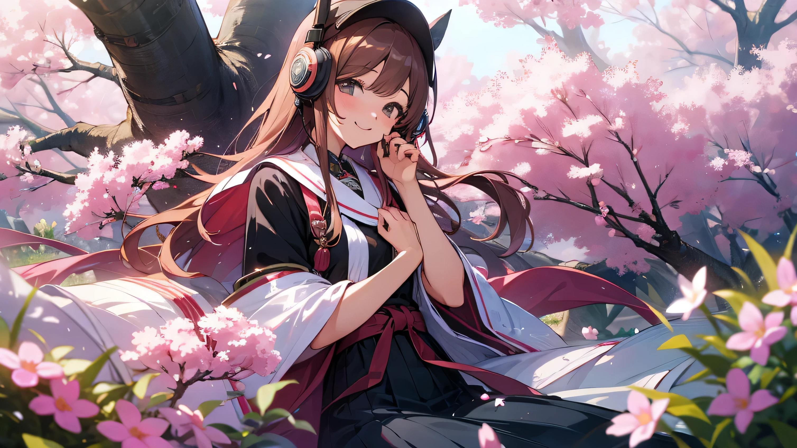 headphone spring clothes relax cherry blossoms picnic smile Highest image quality