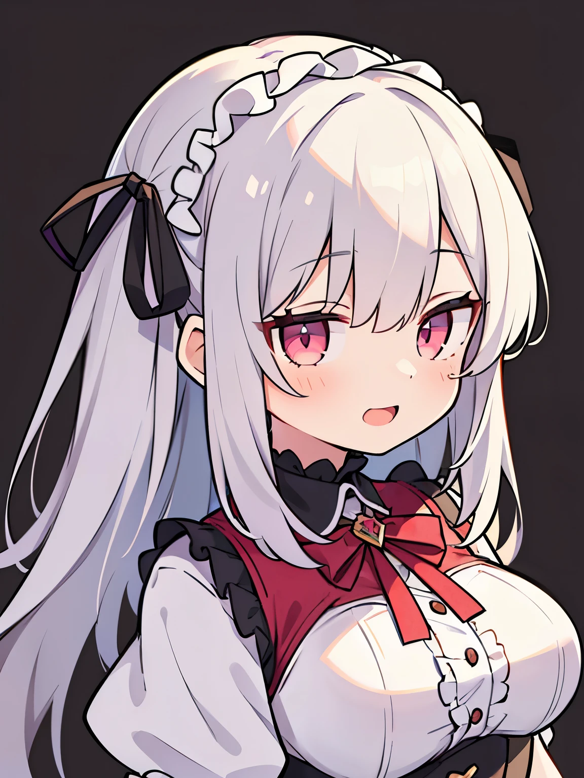 Pueros face_V1:0.24, highest quality, realistic, 8K, High resolution, 1 girl, woman, (skin dents), (portrait), ((simple background:1.62)), full color, ((big round breasts,lolita,frills,race,Ribbon)), look straight at the viewer:1.8, (1 girl eyes looking at viewer:1.55), (medium length hair, silver hair, straight bangs:1.45,pink eyes), (Bokeh),looking at the viewer,open mouth smile