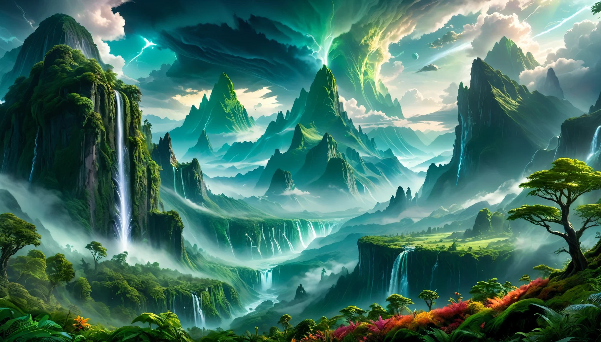 8k, photorealistic, epic fantasy art, beautiful and verdant forest  and mountains on an alien planet, beautiful colors, mythical atmosphere, epic clouds in colorful stormy sky, creepy trees ,endless forests, endless mountains, light penetrating through clouds, vast waterfalls, mists, hdr, ultra detail, epic landscape, in another planet