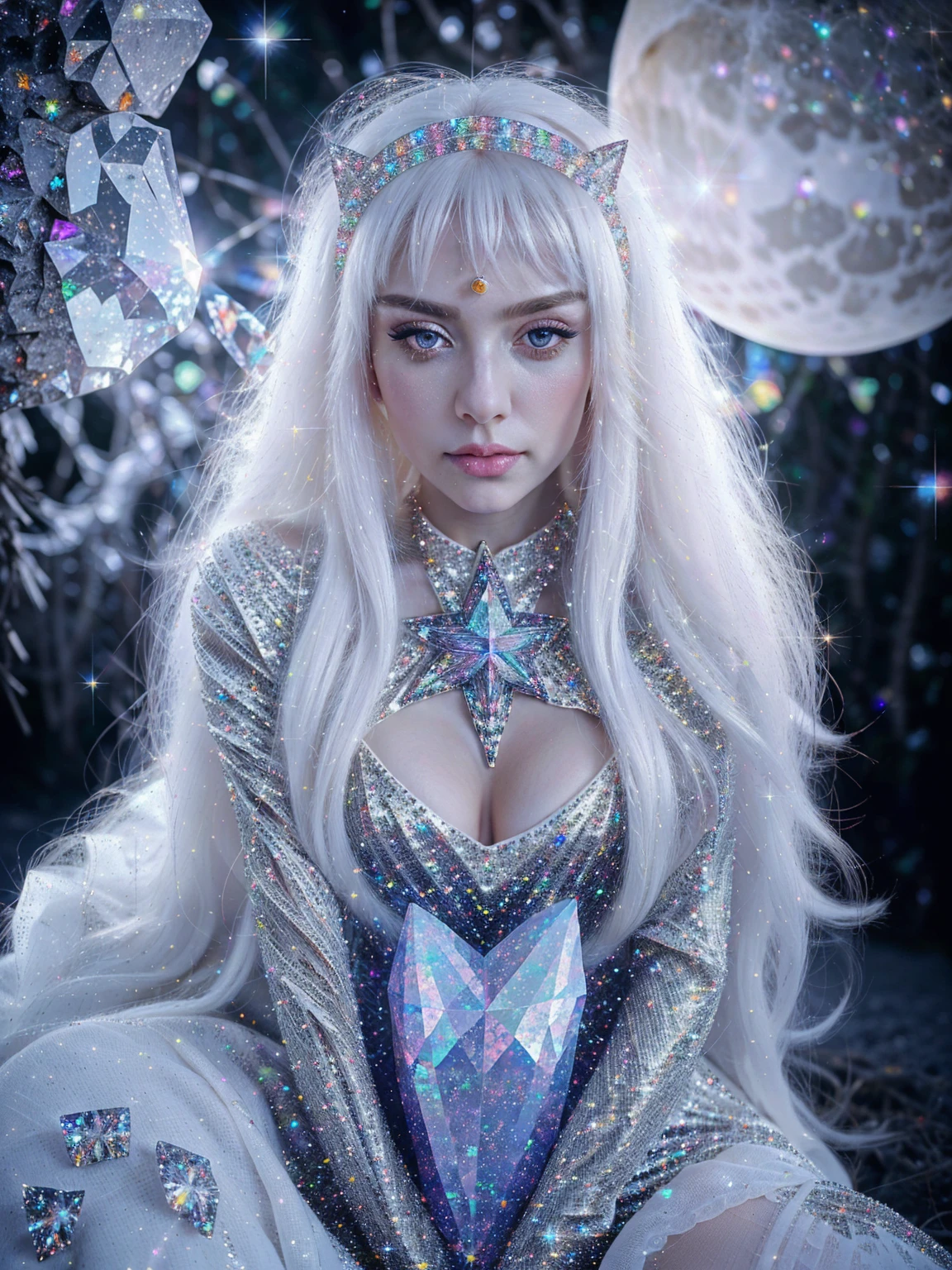 {-erro_de_anatomia:1.0} masterpiece, highest quality, (perfect face:1.1, (high detail)1.1, sweet stardust vampire , long soft white hair, opal eyes, perfectly drawn face, black dress, stars detailed background, prismatic lighting, glitter, whole bod., sitting on the moon, holding a crystal star in her hands,