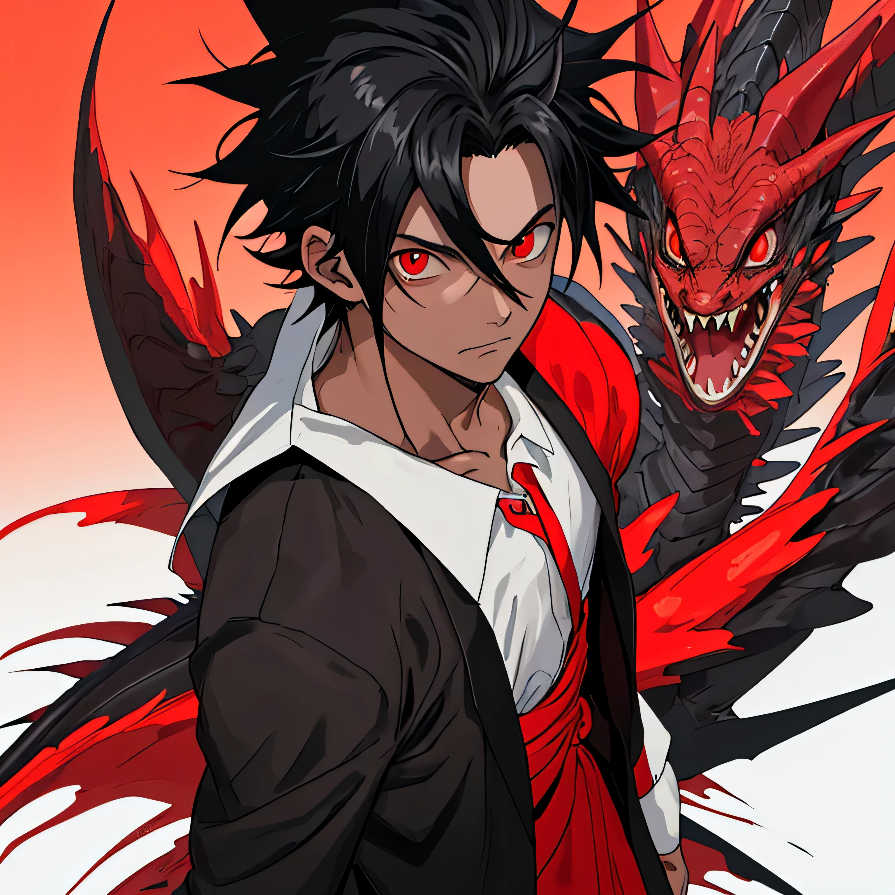 high resolution,queima-roupa、Anime boy with black hair and red eyes looking at the camera, Olhos vermelhos brilhantes,magro, vestido com uma roupa preta,Corpo Sombrio,colorful scenery,Messy hair,Yameroyandere, Diagonal angle, Black dragon in the background of the image 