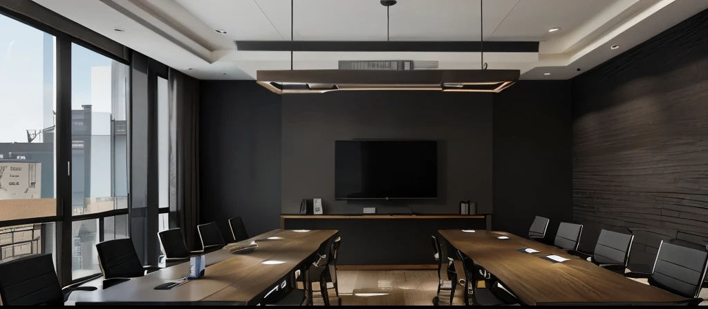 Modern industrial style conference room renderings，Iron chair，dark conference table，chandelier，There is a TV on the wall showing game design drawings，Requires a sense of design and a sense of the future