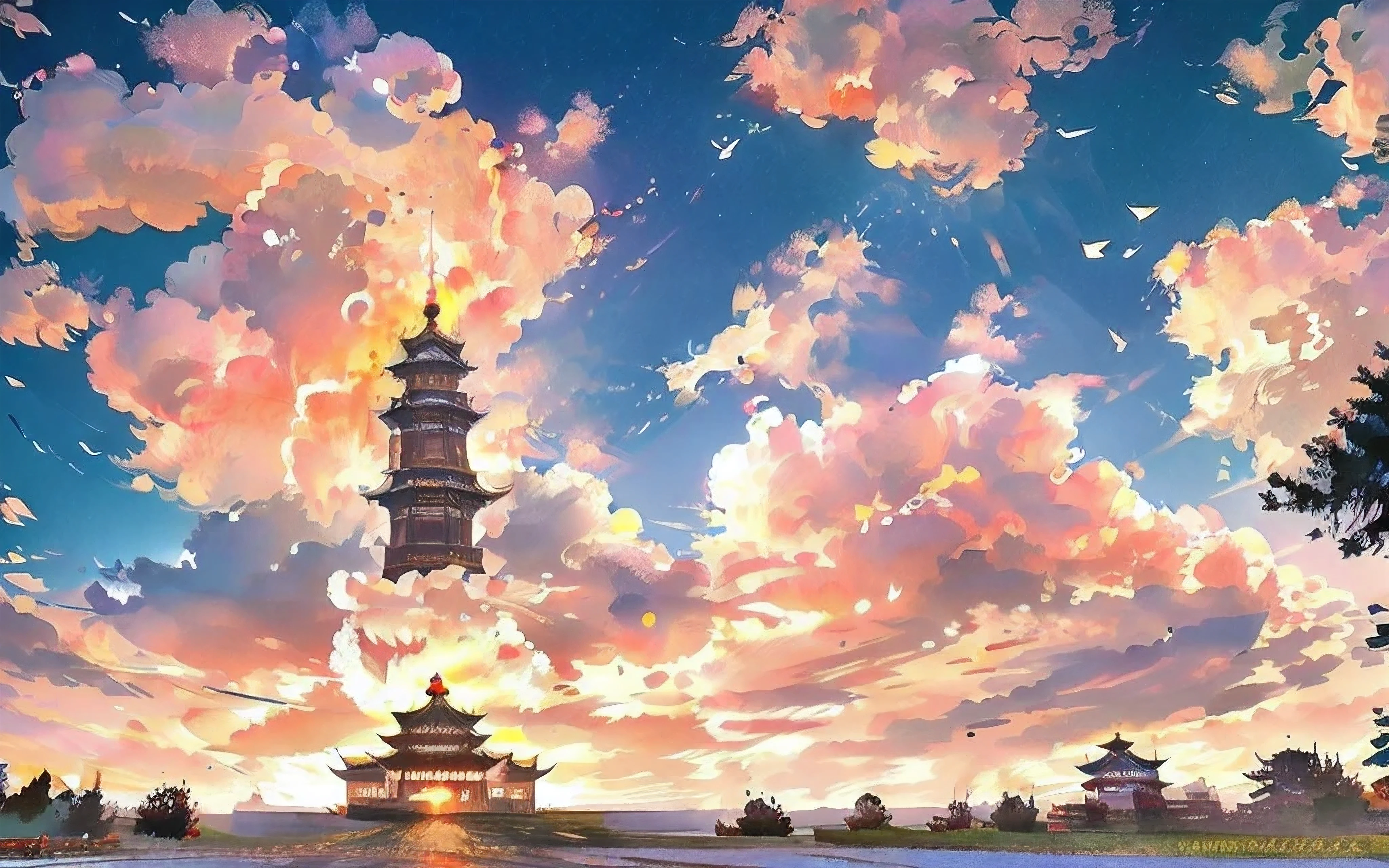 Fairy-filled,Heavenly Palace,Baiyun,Towering Nantianmen,2 egrets flying over,The sun rises,1 large peach tree,1 big palace,hazy feeling,white smoke,Fall,Very strong picture,Ultra HD quality,masterpiece,