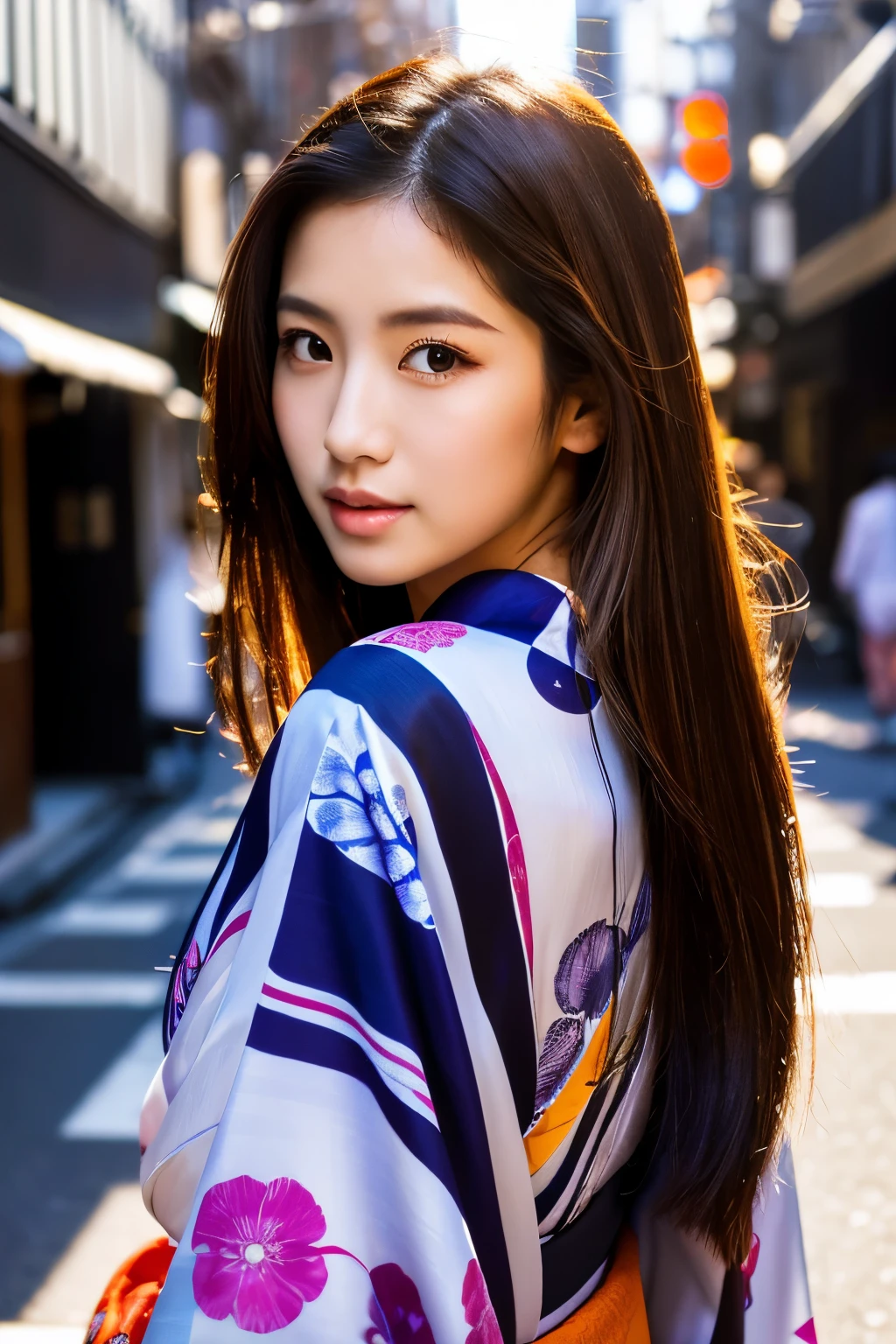 Beautiful Japanese supermodel woman, A lock of hair with slight highlights, black eyes, Sexy,street background,Gorgeous kimono , Liquid color flows across her face, Shooting against the light,Perfect facial lighting,mixed media