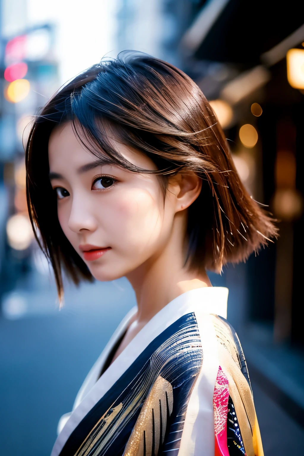 Beautiful Japanese supermodel woman, A lock of hair with slight highlights, black eyes, Sexy,street background,Gorgeous kimono , Liquid color flows across her face, Shooting against the light,Perfect facial lighting,mixed media