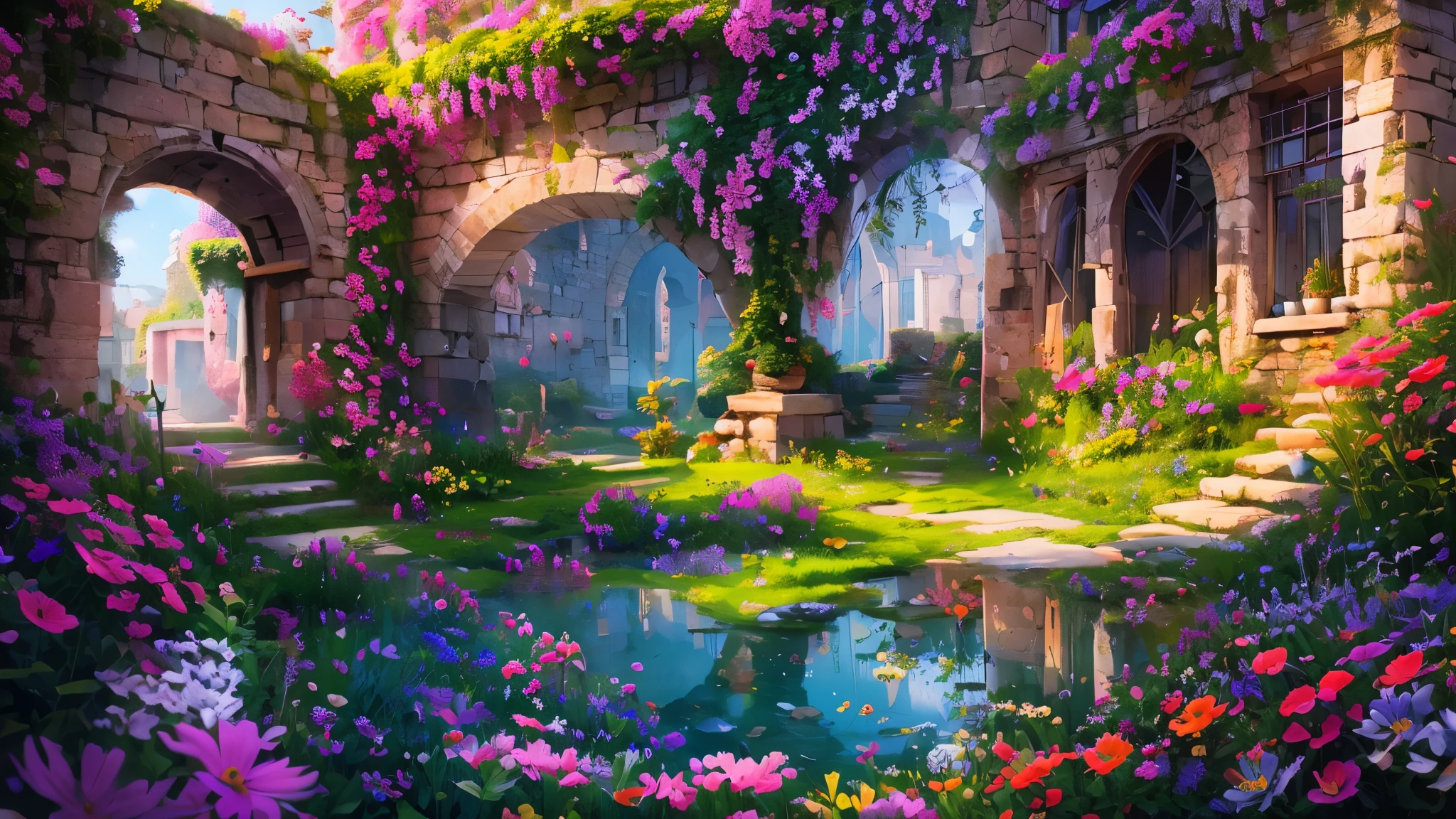 Masterpiece, best quality, 8k, panoramic view, ancient ruins, shadows of decaying houses and paintings, witnesses of once great wealth, colorful flora and fauna, ethereal atmosphere, ethereal light, whispering trees, magical whispers, harmony of nature, ethereal magic ,