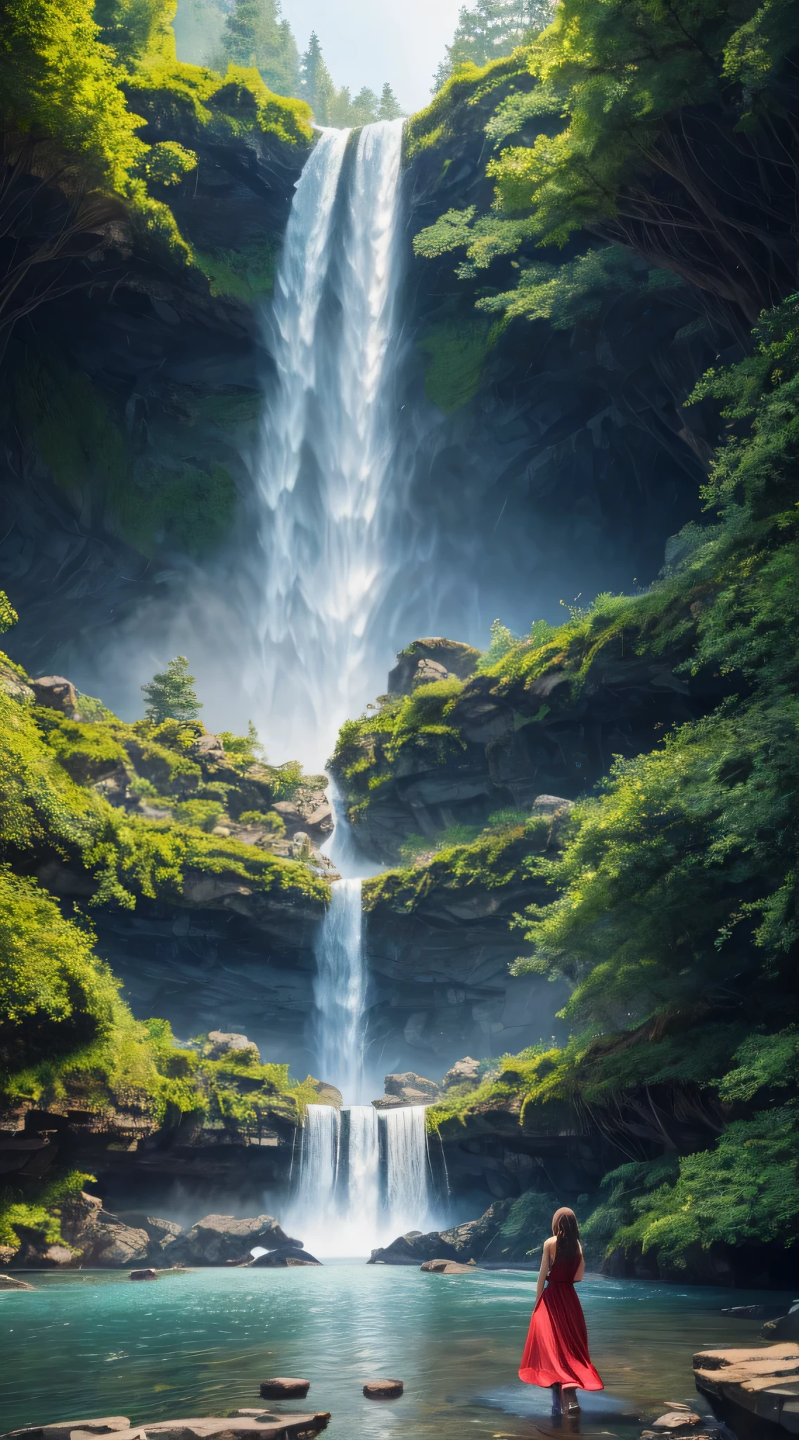 1 girl, realistic beautiful young woman, wearing a beautiful dress, waterfall, walking under the waterfall, turn her back to the audience, mysterious beauty, full body, Character ratio is only 1/8, lake surface, ((Large grove)), Tyndall Ray, realism, cinematic lighting, ray tracing, optical illusion, Lens flare, 120mm, f/1.2, sony fe manager, ultra hd, retina, masterpiece, ((highest quality)), ((masterpiece)), (very detailed: 1.3)