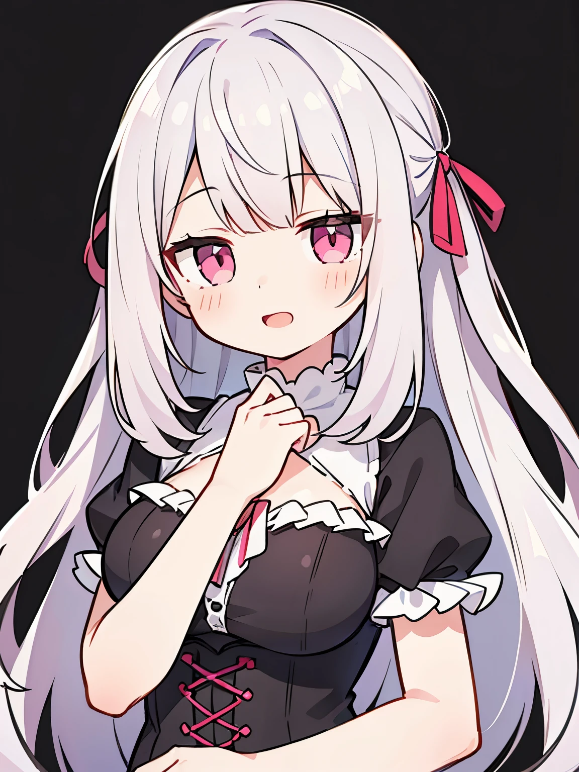 Pueros face_V1:0.24, highest quality, realistic, 8K, High resolution, 1 girl, woman, (skin dents), (portrait), ((simple background:1.62)), full color, ((big round breasts,lolita,frills,race,Ribbon)), look straight at the viewer:1.8, (1 girl eyes looking at viewer:1.55), (Long-length hair, silver hair, straight bangs:1.45,pink eyes), (Bokeh),looking at the viewer,open mouth smile