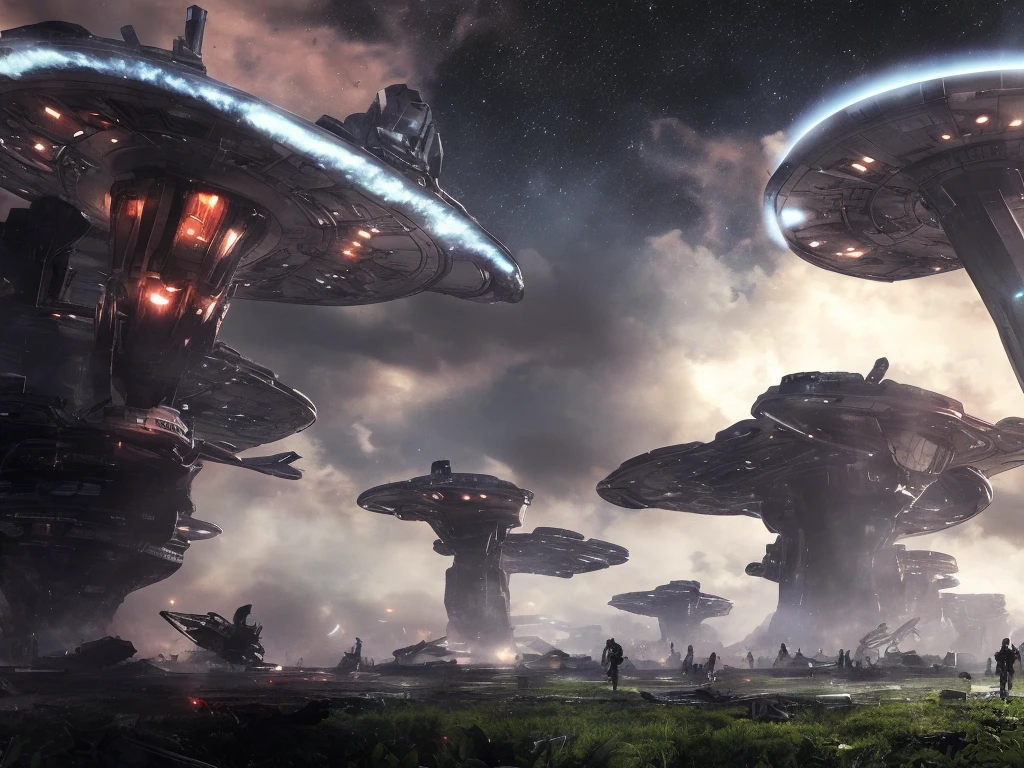 (highres:1.2),(realistic:1.37),alien landscape,invading Earth,ominous sky,densely packed alien spaceships,futuristic cityscape,destroyed buildings,fiery explosions,invasion force landing,fearful humans fleeing,advanced alien technology,extraterrestrial creatures,glowing green energy weapons,dark shadows,devastated landscapes,smoke-filled air,wreckage,dystopian future,alien invasion strategy,desperate resistance,fallen heroes,ominous atmosphere,apocalyptic chaos,extraterrestrial domination,scattered human resistance,intense battle scenes,alien spaceships hovering,city infrastructure crumbling,bio-organic alien structures,alien plants and wildlife,otherworldly flora and fauna,gloomy and desolate atmosphere,surreal alien architecture,emotionally charged human expressions,desperation and determination,alien mothership in the sky,alien technology disintegrating Earth defenses,energy shields,lightning strikes,alien weaponry in action,alien war cries,devastating impact of alien invasion,dynamic and captivating composition