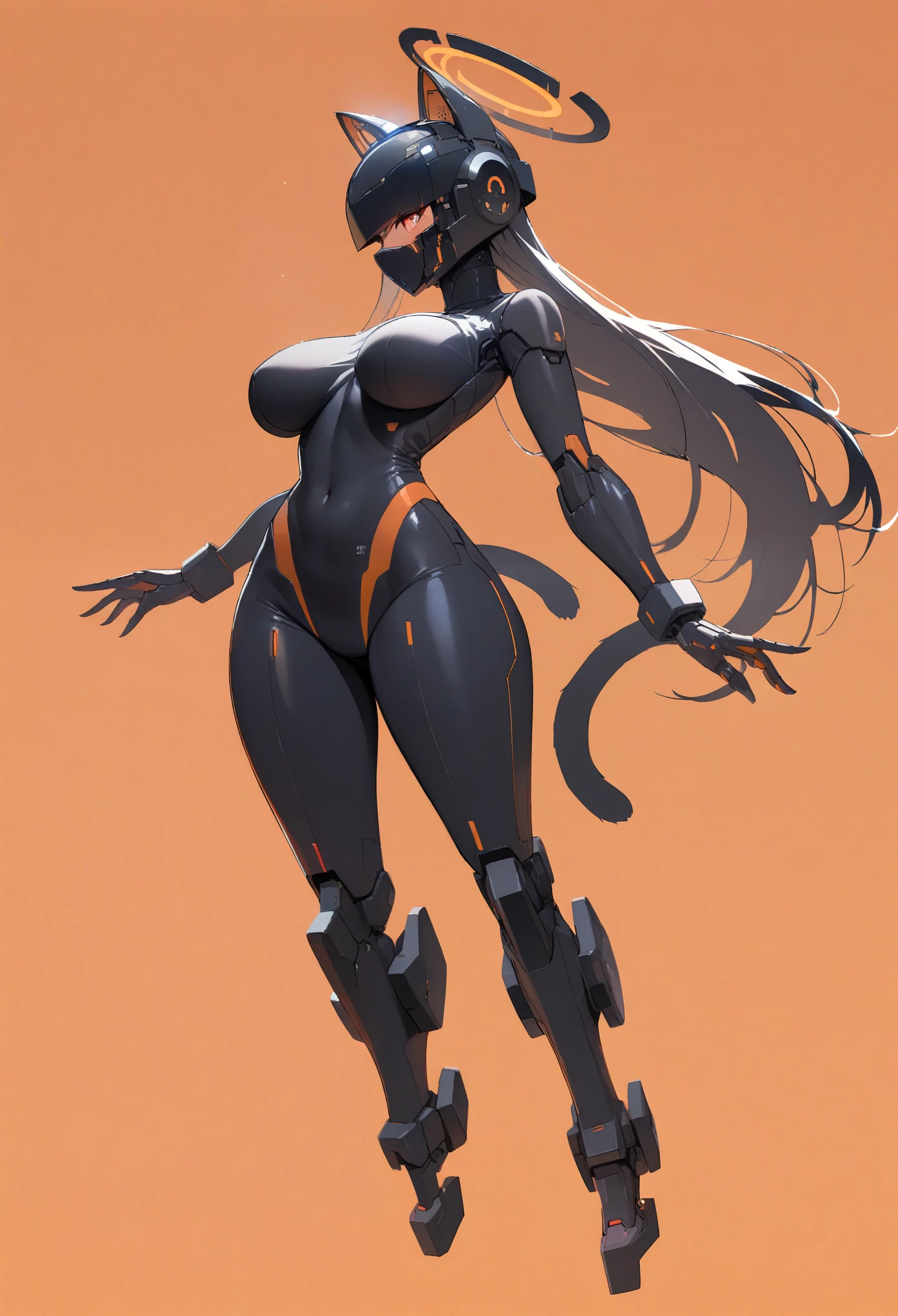 best quality, absurdres, (ultra high res), 1girl, halo, solo, black hair, ((red eyes): 1.2), detailed red eyes, well-aligned eyes, extremely detailed face, large breasts, long hair, turtleneck, vr visor, cyber wearface, thick thighs, wide hips, narrow waist, breasts apart, (robot feet, joint feet), mechanical bodysuit, ((cyber helmet, black suit, cat black helmet)), (cinematic lighting), ((orange background, fullbody: 1.5))