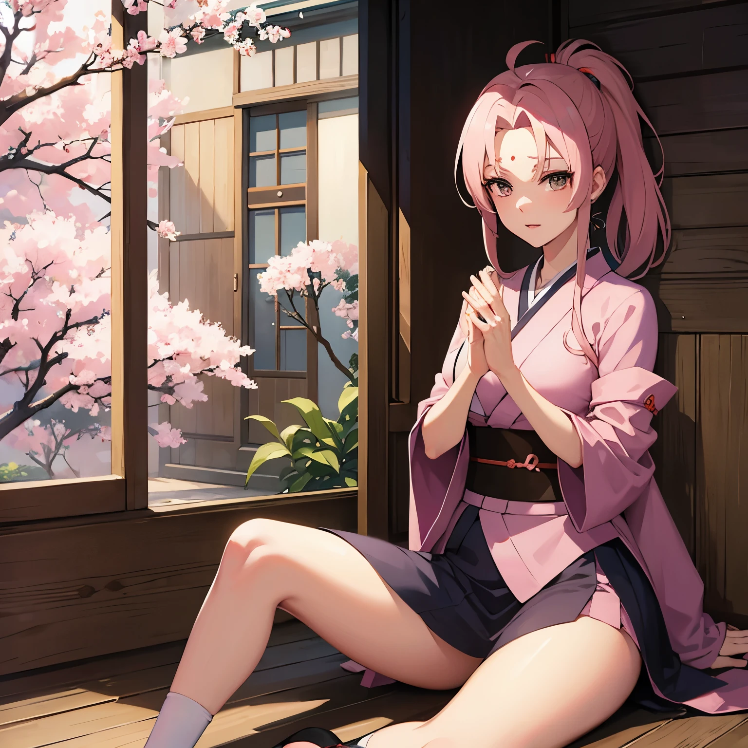 Drooping eyes Looks timid Pink Hair Good style Big Breasts long hair kimono High exposure Sitting