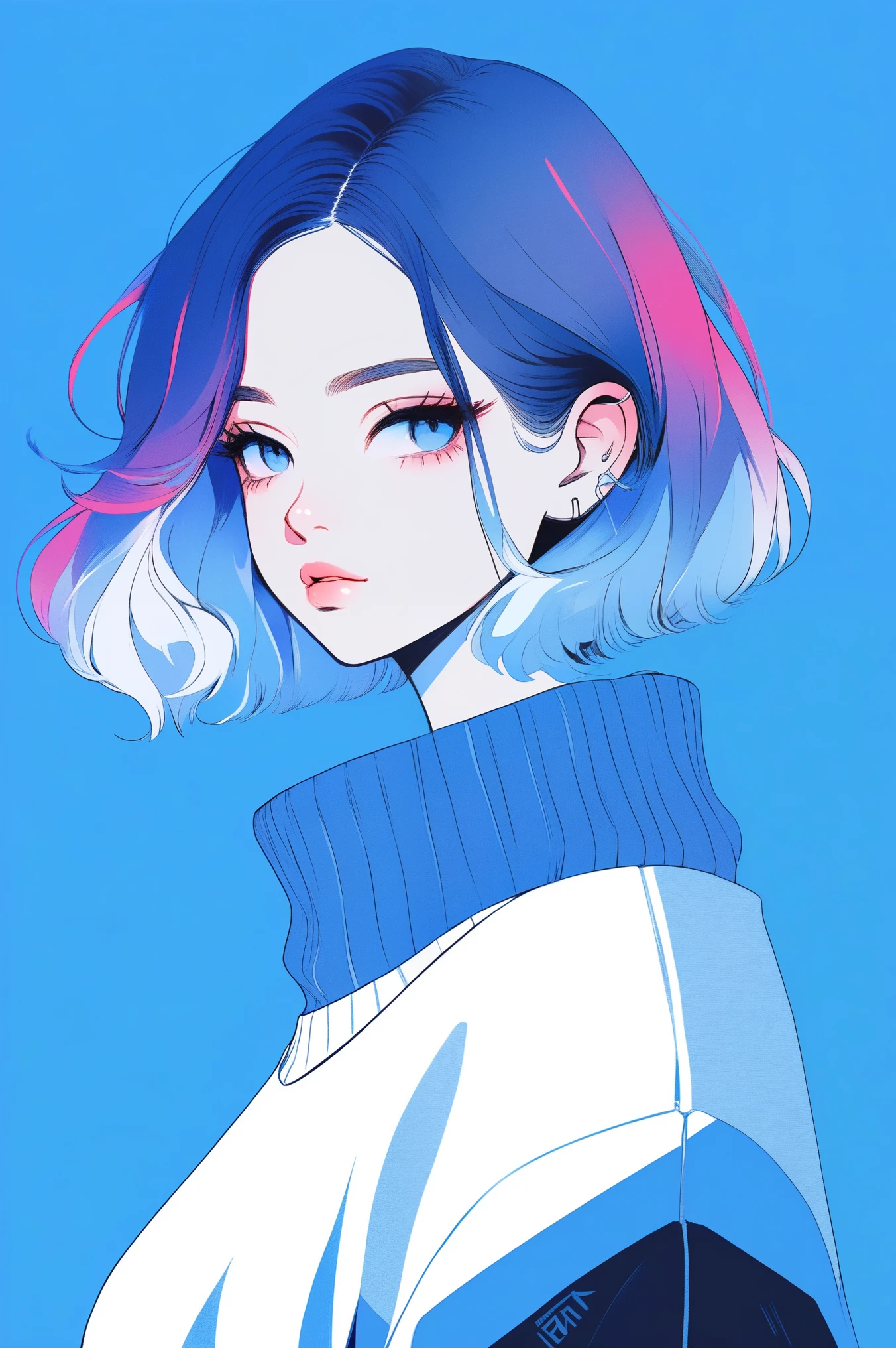 illustrator, anime , realistic ,sketch , 1 girl, ,lip, sweater,order, Blue gradient background, neon hair,Textured trim, Canadian, (masterpiece,Best quality) ganyou