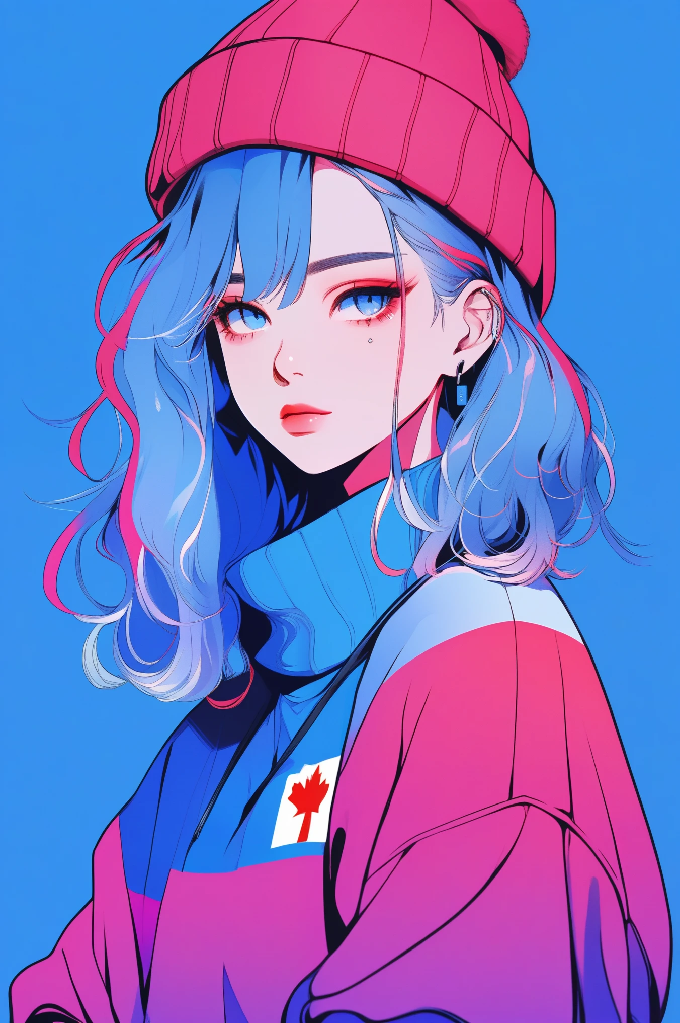 illustrator, anime , realistic ,sketch , 1 girl, ,lip, sweater,order, Blue gradient background, neon hair,Textured trim, Canadian, (masterpiece,Best quality) ganyou