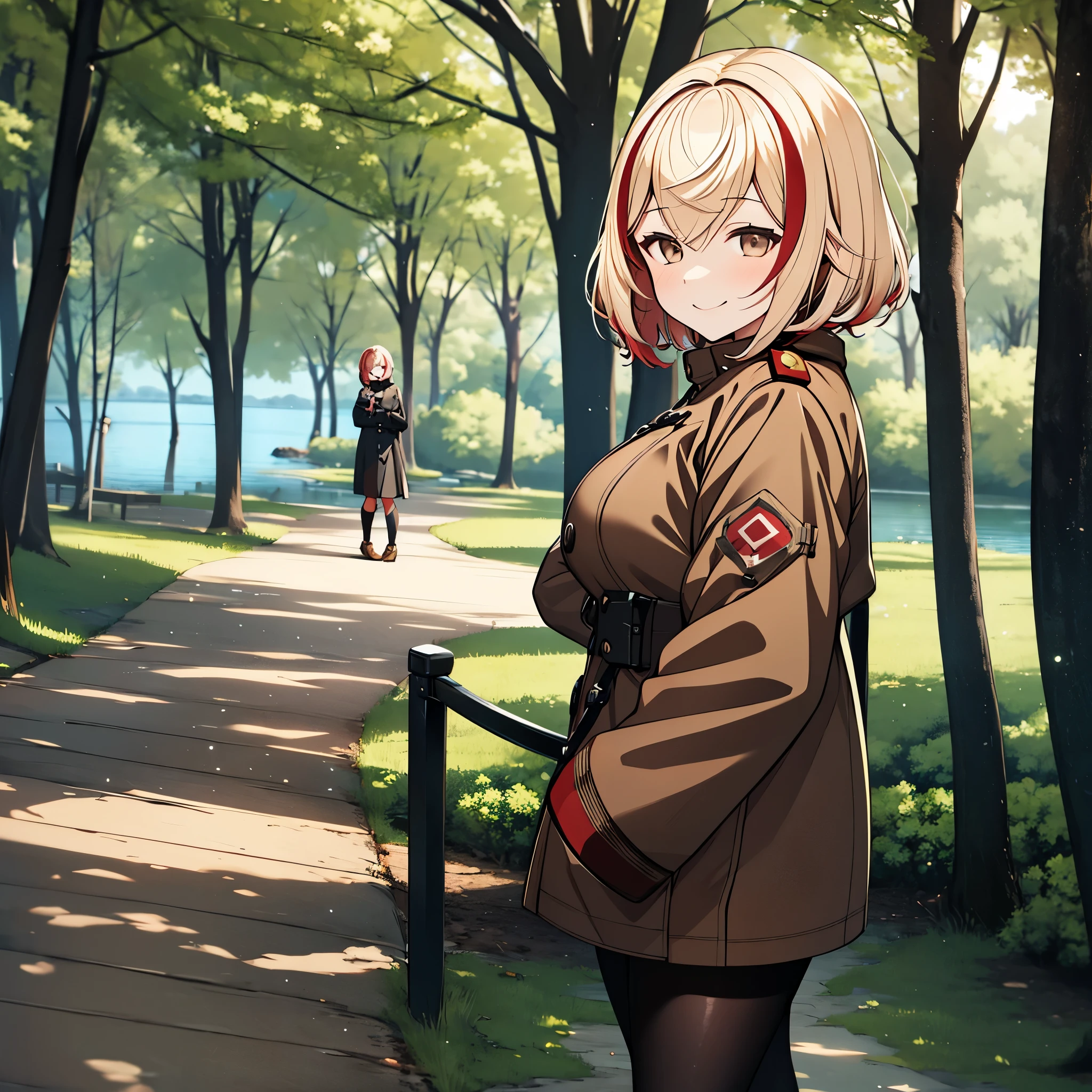 A woman on a walk near a lake, at night, with local lighting, short blonde hair, red bangs, brown eyes, wearing a black cold coat, smiling trees around, ultra resolution, masterpiece, perfect quality, well detailed, 4k hd
