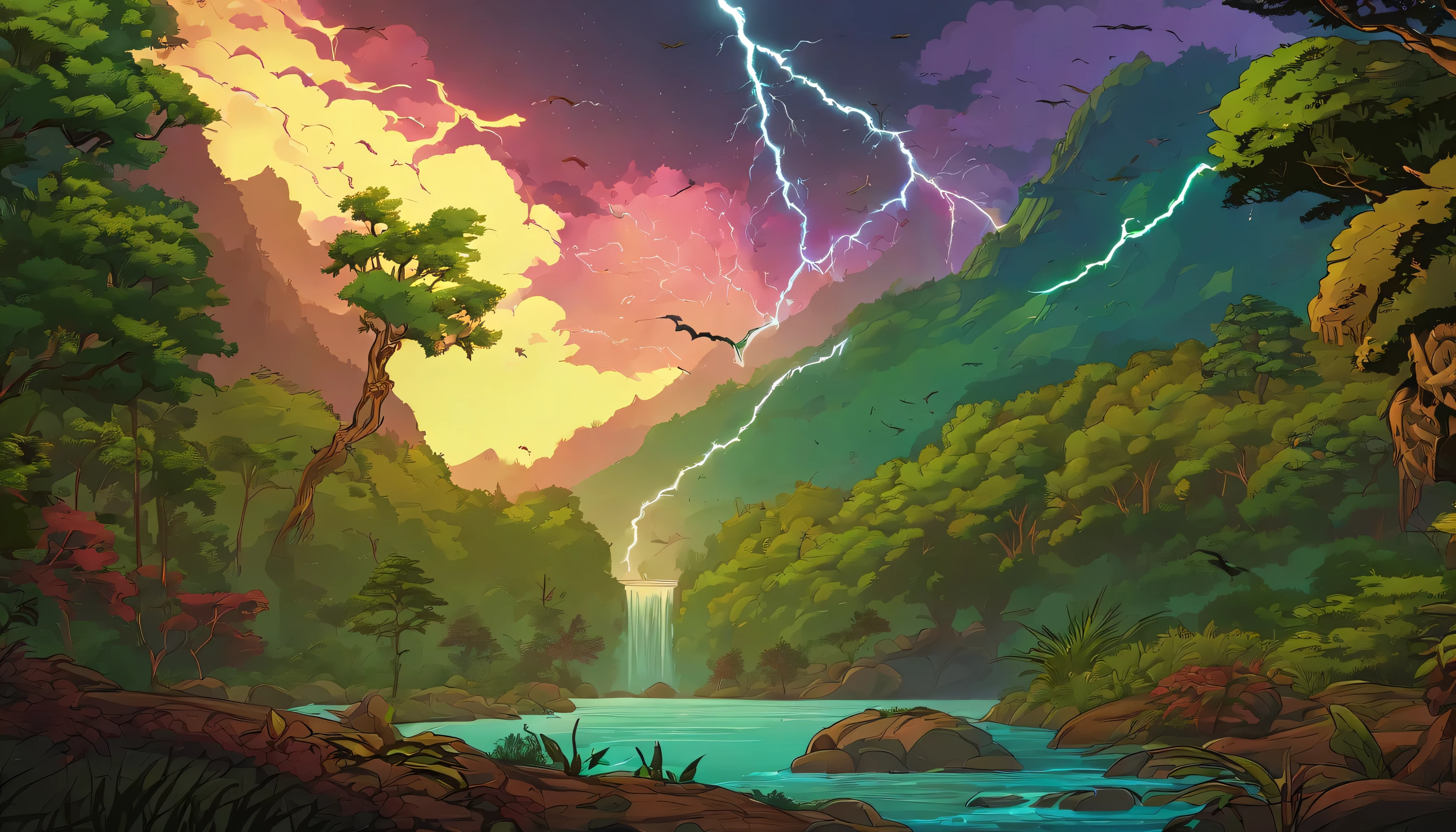 Design an image depicting an intense night storm scene over an ancient rainforest. The sky above is a canvas of chaotic beauty, with lightning bolts illuminating the dense canopy below. Each flash reveals the rich, wet leaves of towering trees and the intricate ecosystem that thrives under their shelter. The storm's fury is juxtaposed with the enduring calm of the forest, highlighting the timeless dance between nature's tempests and the tranquility of the ancient woodlands. Include the occasional glimpse of a waterfall or river, its waters surging in response to the downpour, adding to the scene's dynamic beauty