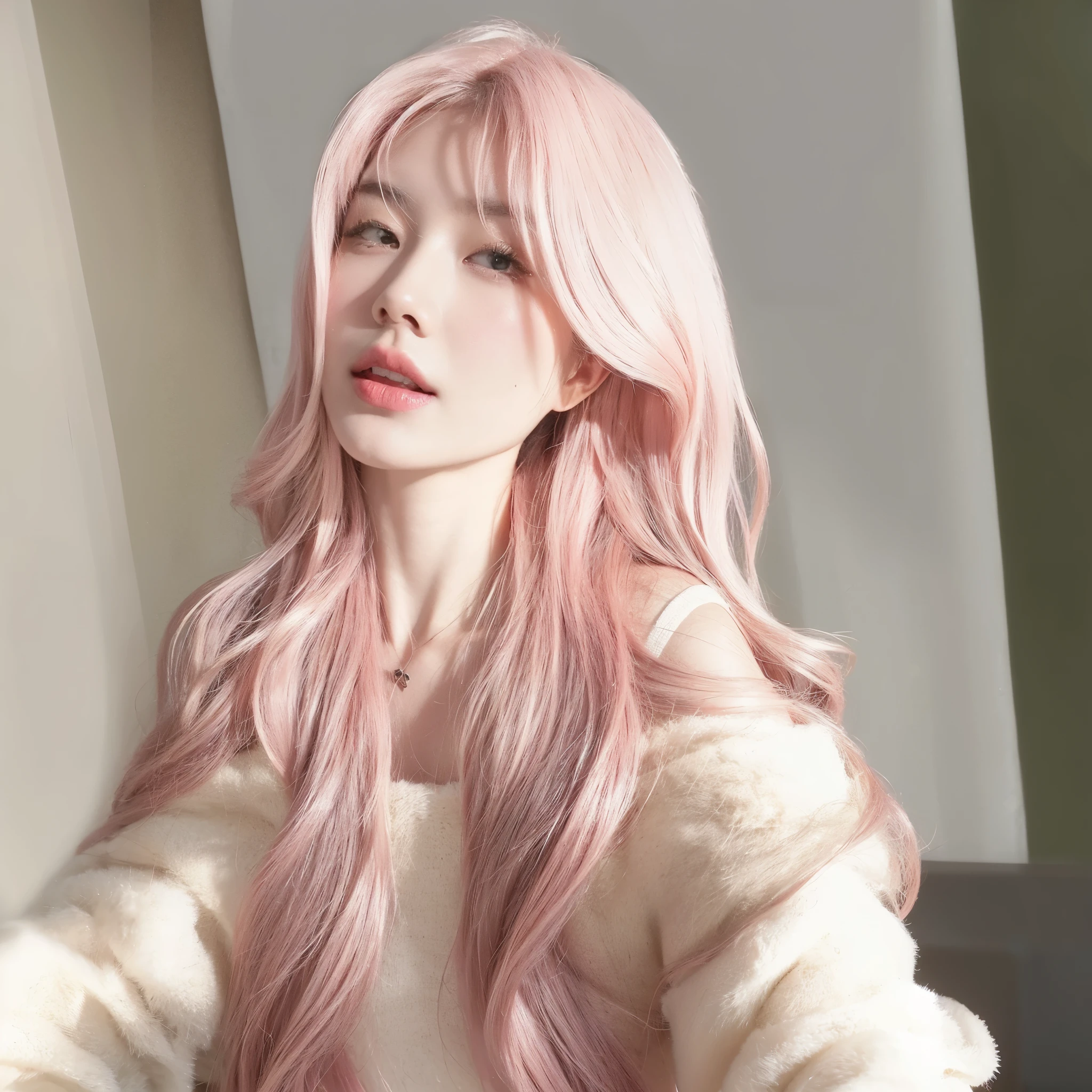 pink long curly hair,Sweet beauty,头发修的漂亮Naturally,Make the background more natural and beautiful,Increase hair volume,Naturally