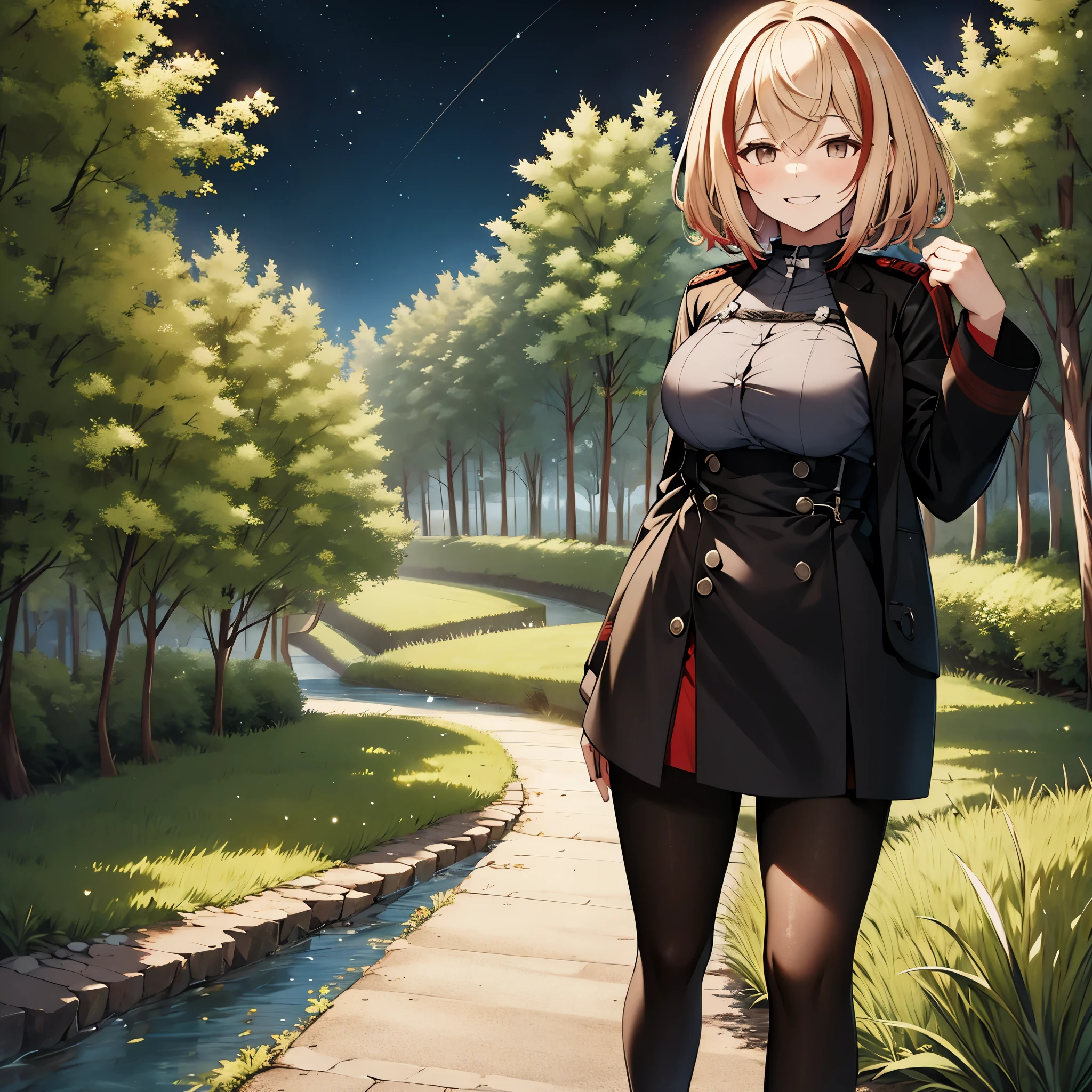 A woman on a walk near a lake, at night, with local lighting, short blonde hair, red bangs, brown eyes, wearing a black cold coat, smiling trees around, ultra resolution, masterpiece, perfect quality, well detailed, 4k hd
