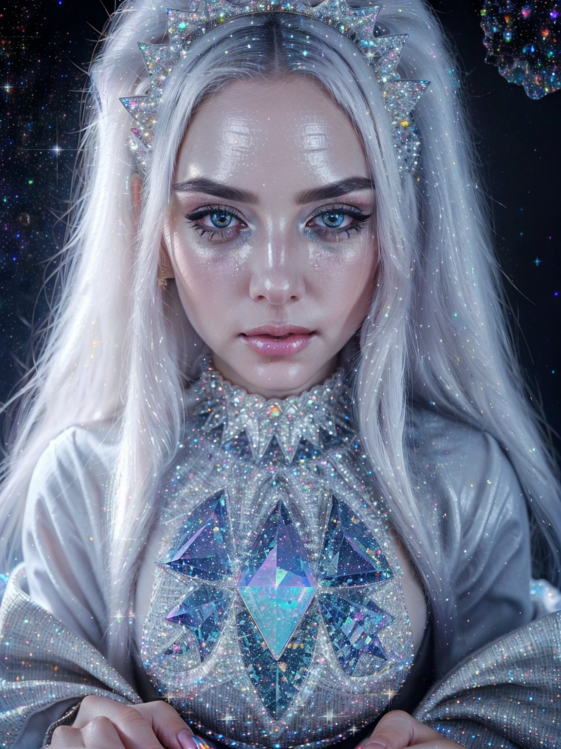 {-erro_de_anatomia:1.0} masterpiece, highest quality, (perfect face:1.1, (high detail)1.1, sweet stardust vampire , long soft white hair, opal eyes, perfectly drawn face, black dress, stars detailed background, prismatic lighting, glitter, whole bod., sitting on the moon, holding a crystal star in her hands, backwards, looking back