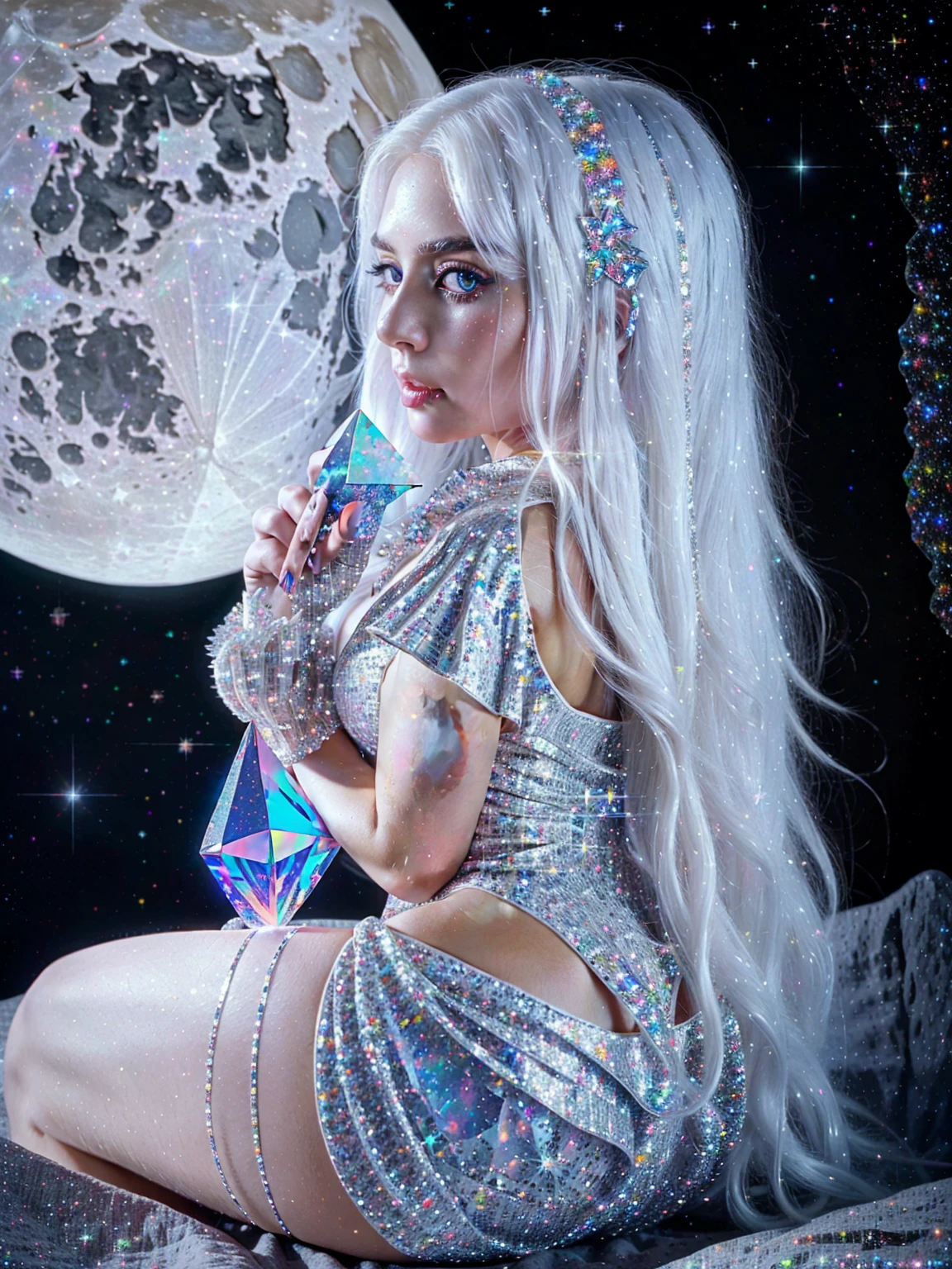 {-erro_de_anatomia:1.0} masterpiece, highest quality, (perfect face:1.1, (high detail)1.1, sweet stardust vampire , long soft white hair, opal eyes, perfectly drawn face, black dress, stars detailed background, prismatic lighting, glitter, whole bod., Very sexy, kneeling holding a crystal star in her hands, backwards, looking back