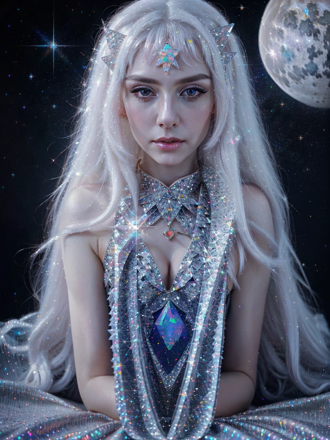 {-erro_de_anatomia:1.0} masterpiece, highest quality, (perfect face:1.1, (high detail)1.1, sweet stardust vampire , long soft white hair, opal eyes, perfectly drawn face, black dress, stars detailed background, prismatic lighting, glitter, whole bod., sitting on the moon, holding a crystal star in her hands, backwards, looking back