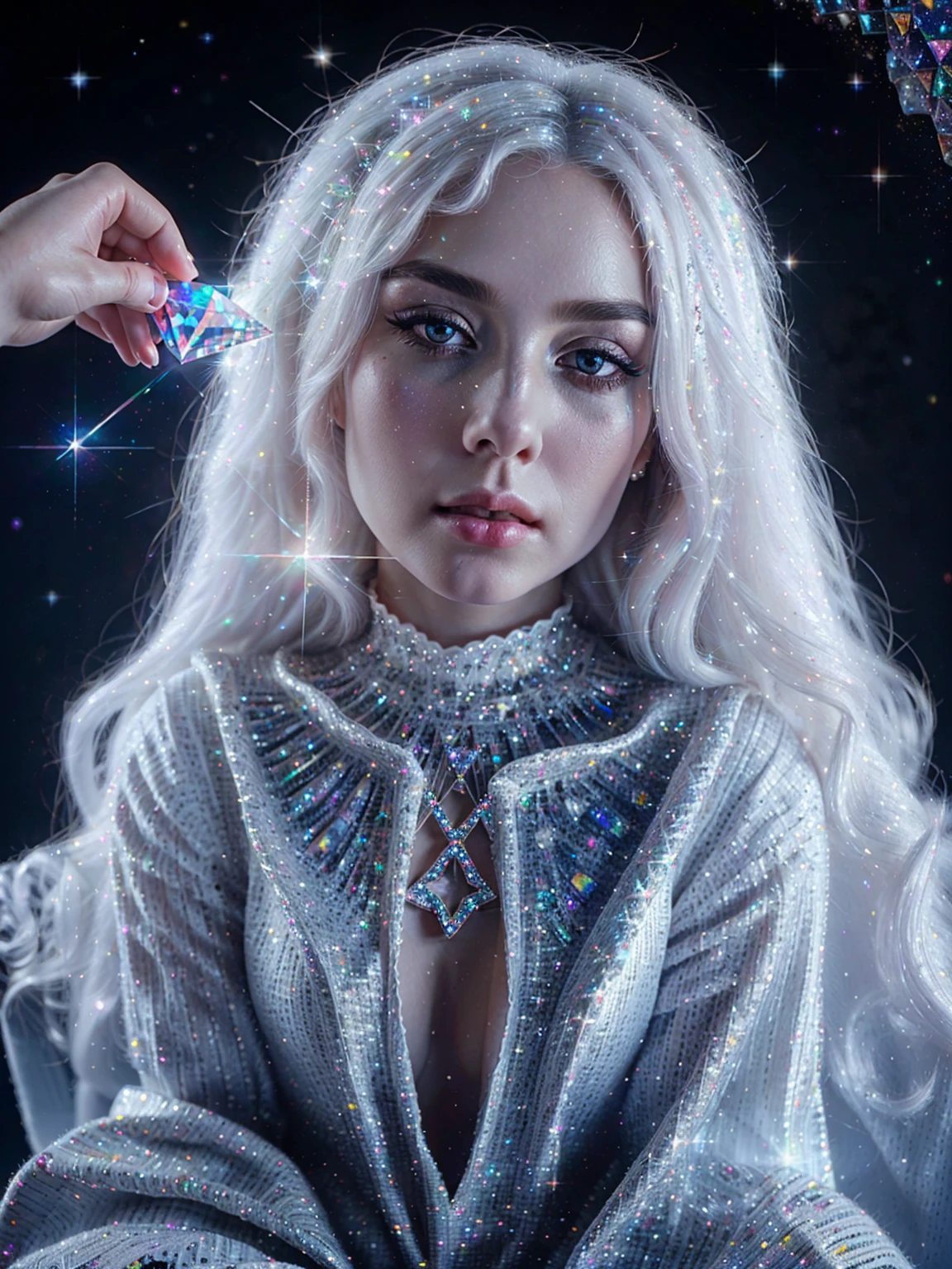 {-erro_de_anatomia:1.0} masterpiece, highest quality, (perfect face:1.1, (high detail)1.1, sweet stardust vampire , long soft white hair, opal eyes, perfectly drawn face, black dress, stars detailed background, prismatic lighting, glitter, whole bod., sitting on the moon, holding a crystal star in her hands, backwards, looking back