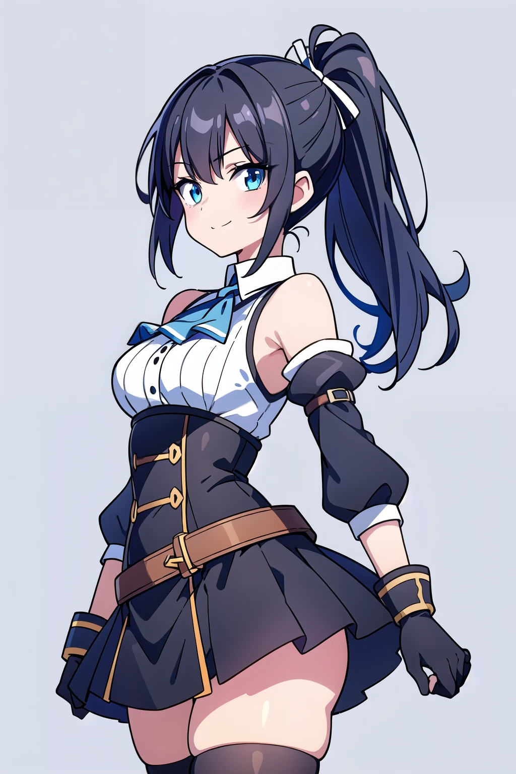(((pixel-perfect, detail-perfect))), solo, 1girl, morgan le fay, smile, looking at viewer, black hair, braid, ponytail, hair bow, green eyes, supervillain, magician, black tuxedo, white shirt, bow necktie, blue leotard, bare legs, boots, standing, solo focus, hands on hip, full body shot, mature lady, scotland backdrop, ultra highres, absurdres, beautiful face, detailed eyes, symmetric eyes, perfect body, good proportions