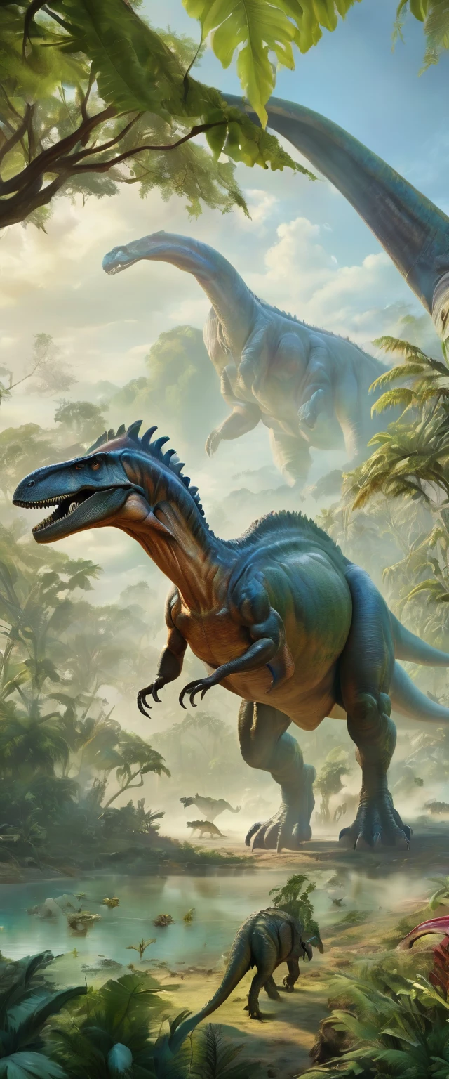 ((ultra wide angle x0.5:1.5)),( large carnivorous dinosaur, beautiful landscape:1.5), ((Imaginative scene)), (( Highly detailed: 1.4), (( masterpiece )), ( Hyper detailed and beautiful: 1.3), (Photorealistic: 1.4), 32k.