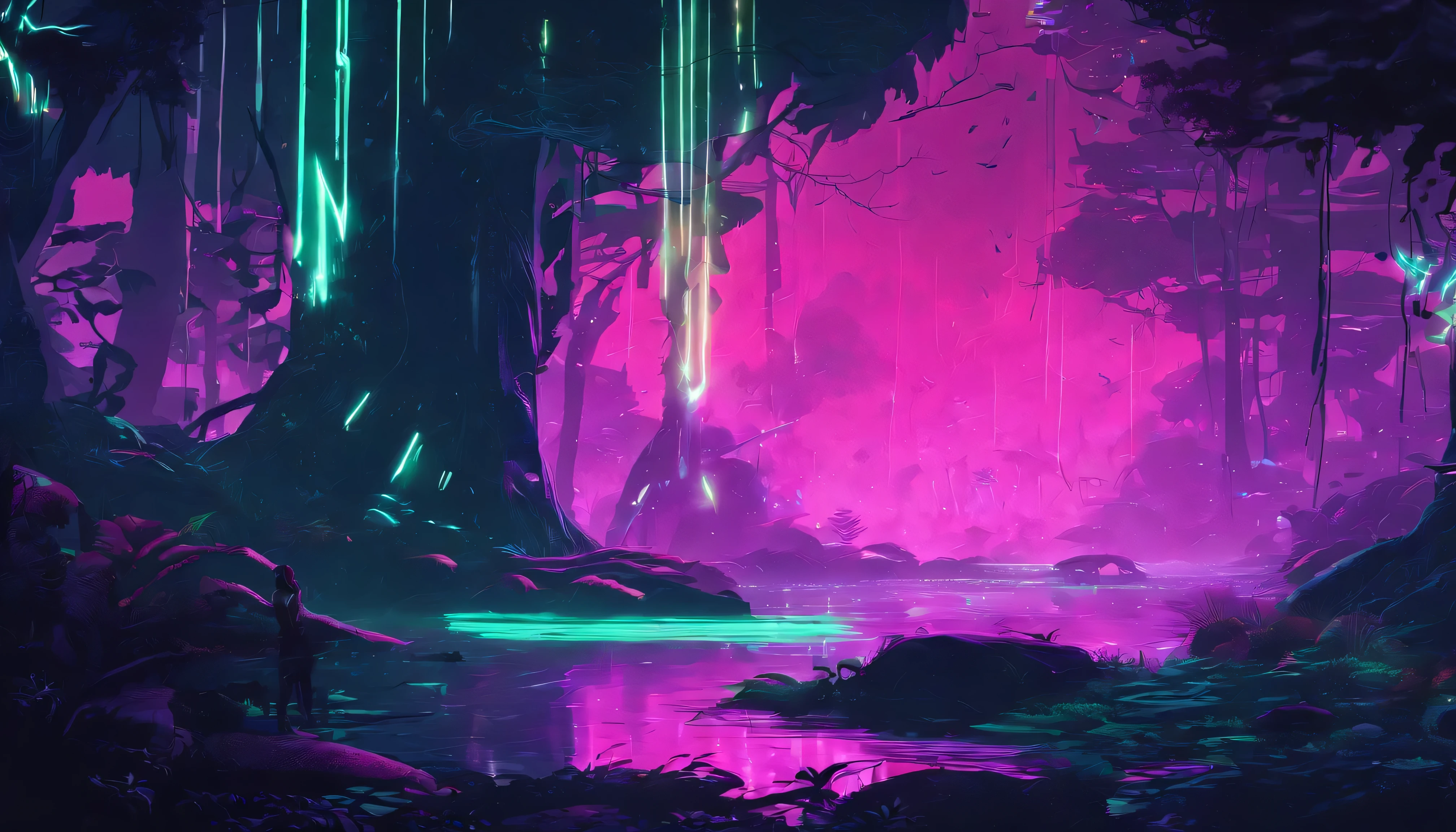 Design an image depicting an intense night storm scene over an ancient rainforest. The sky above is a canvas of chaotic beauty, with lightning bolts illuminating the dense canopy below. Each flash reveals the rich, wet leaves of towering trees and the intricate ecosystem that thrives under their shelter. The storm's fury is juxtaposed with the enduring calm of the forest, highlighting the timeless dance between nature's tempests and the tranquility of the ancient woodlands. Include the occasional glimpse of a waterfall or river, its waters surging in response to the downpour, adding to the scene's dynamic beauty