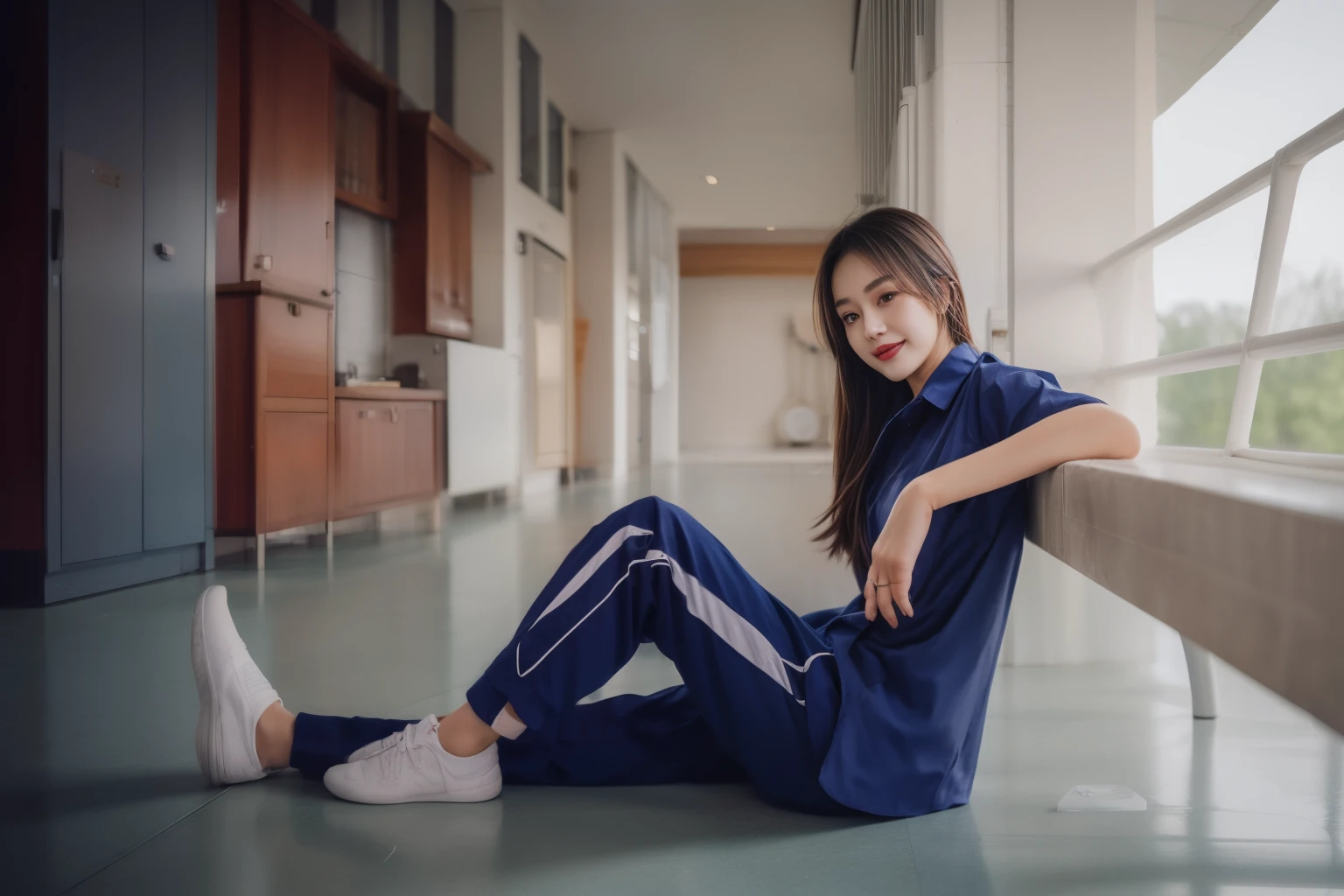 (best quality,10,10,height,Masterpiece:1.2),Special details,(realistic,Realistic picture,Realistic photos:1.37),1 Cute girl in the kitchen,shiny, skin shiny,only,smile softly,BDclothelue shirt:1.3)),short sleeve,shirt, กางเกงขาlong.,(navy_long_track pants:1.1), ((Kitchen Background)),Dynamic angle,excited,Face focus,dynamic poses,from behind,focus on ass,Masterpiece, best quality, ultra realistic, Too many details, 8k resolution, raw photos, Sharp focus, ((Navy blue shirt:1.1)), short sleeve, long route, perfect body, 2 mature women, 18 years old, Cinema-grade lighting system,blue sweatpants,exercise cloth,correct anatomy,perfect body, correct body, Sharp face, กายวิภาคของcorrect body, full body, realistic gestures, long-haired, realistic poses,Wear long shorts...........................,The legs are long.,Good shape,carved girl, Slender figure, model, Good shape, beautiful body,blue sweatpants, two girls kissing
