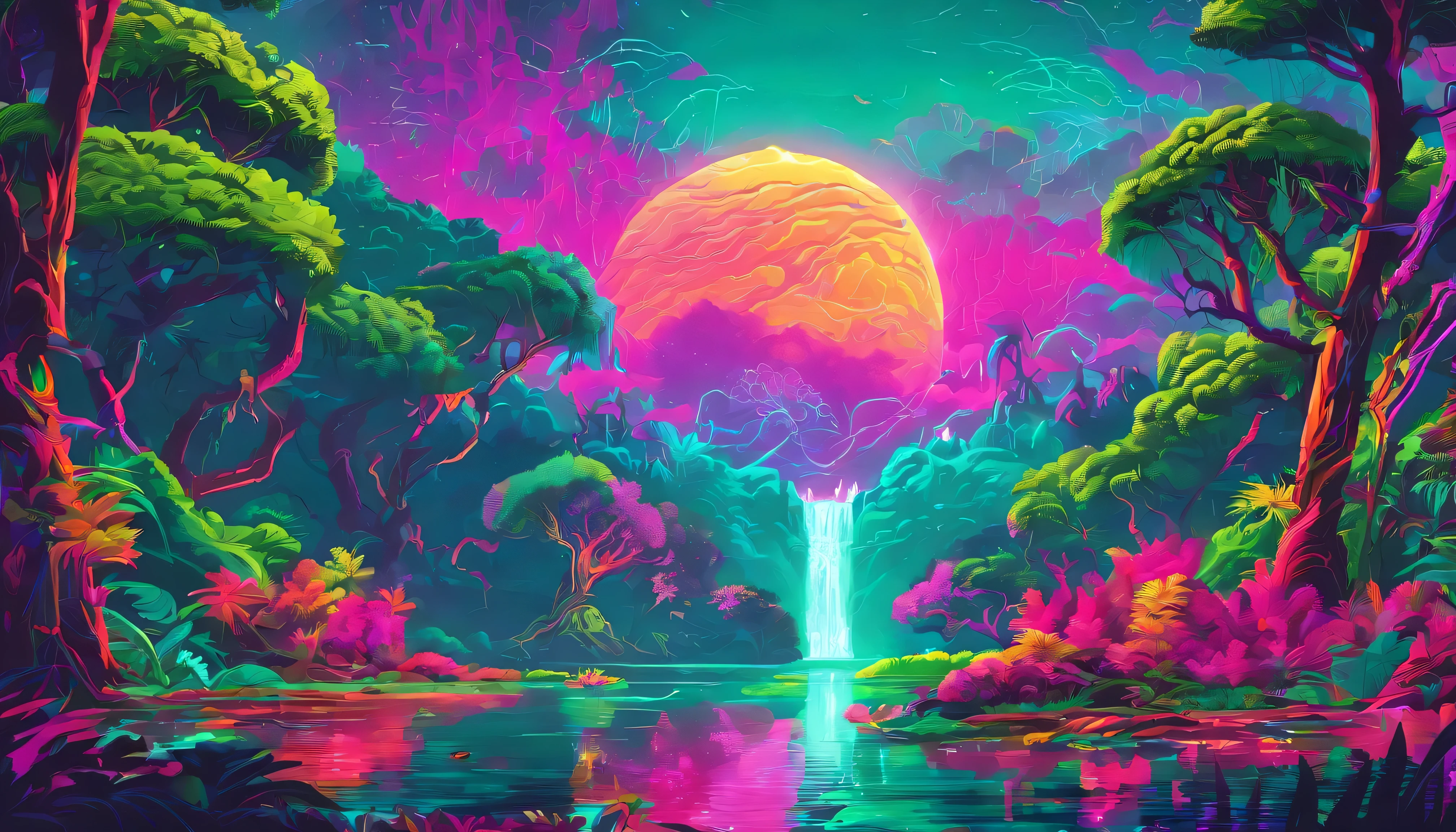 Design an image depicting an intense night storm scene over an ancient rainforest. The sky above is a canvas of chaotic beauty, with lightning bolts illuminating the dense canopy below. Each flash reveals the rich, wet leaves of towering trees and the intricate ecosystem that thrives under their shelter. The storm's fury is juxtaposed with the enduring calm of the forest, highlighting the timeless dance between nature's tempests and the tranquility of the ancient woodlands. Include the occasional glimpse of a waterfall or river, its waters surging in response to the downpour, adding to the scene's dynamic beauty
