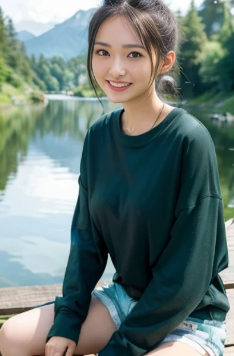best quality, detailed, beautiful, insanely detailed, absurdres,perfect anatomy,
Japanese woman,black hair,27 years old,
(slender),
(small breasts),
long shot,lake, 2 girls, delightful, cheerful grin, sitting, hair bun, (green long-sleeved t-shirt, white shorts:1.0), japanese, Fun Scene, with a mountain, high angle shot