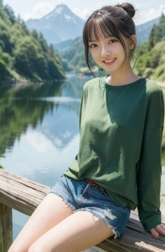 best quality, detailed, beautiful, insanely detailed, absurdres,perfect anatomy,
Japanese woman,black hair,27 years old,
(slender),
(small breasts),
long shot,lake, 2 girls, delightful, cheerful grin, sitting, hair bun, (green long-sleeved t-shirt, white shorts:1.0), japanese, Fun Scene, with a mountain, high angle shot