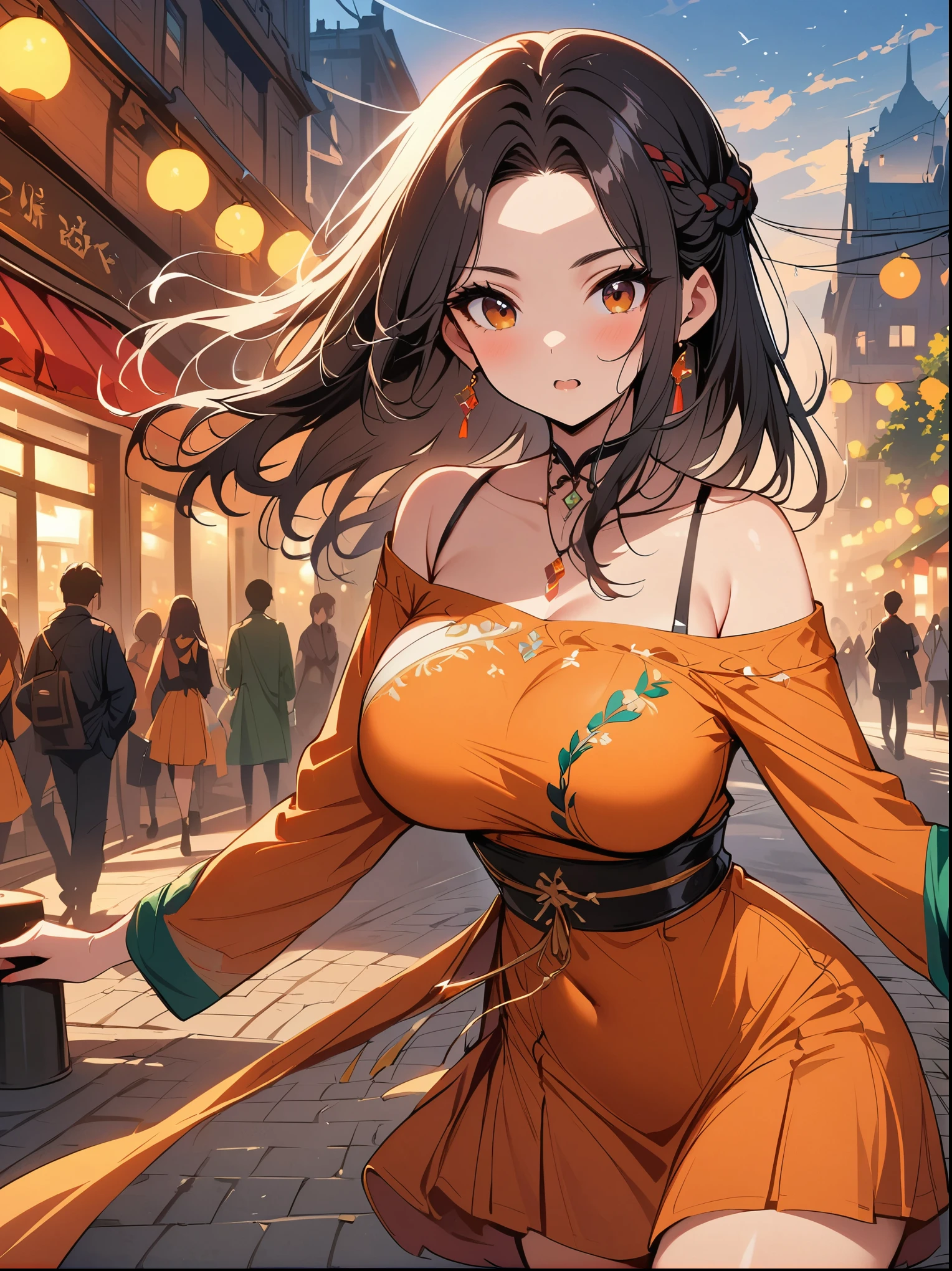 a woman posing on the street corner with orange dress on, best quality, 1 girl, Big breasts, sky, bright, blurred background, Bokeh, outdoor, (street:0.8), (people, crowd:0.8), (off shoulder dress:1.2), Gorgeous, (braid bangs:1.2), 美丽细致的sky空, (dynamic poses:1.2), soft light, Wind, shiny skin, (Upper body:0.8), (freckle:0.8), There is a mole under the mouth,